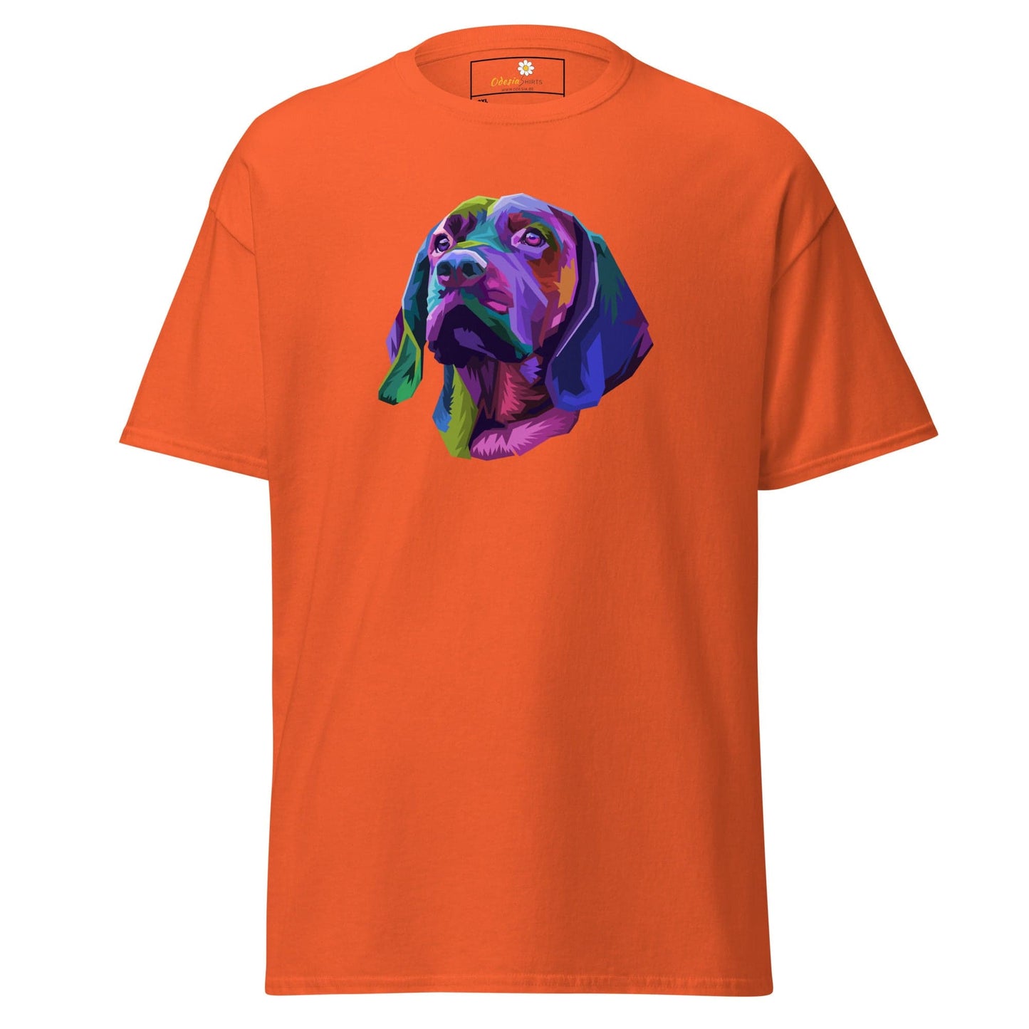 Orange T-shirt with colorful dog graphic for men and women in 2XL to 5XL sizes