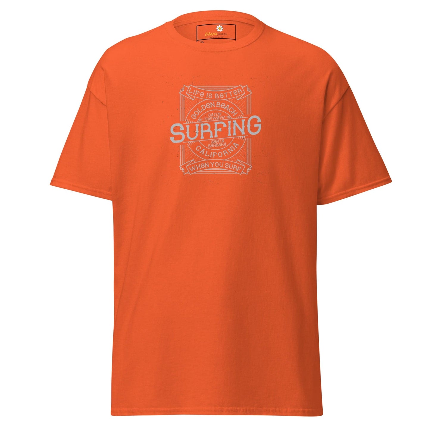 Orange T-shirt with surfing graphic, available in men and women sizes 2XL to 5XL