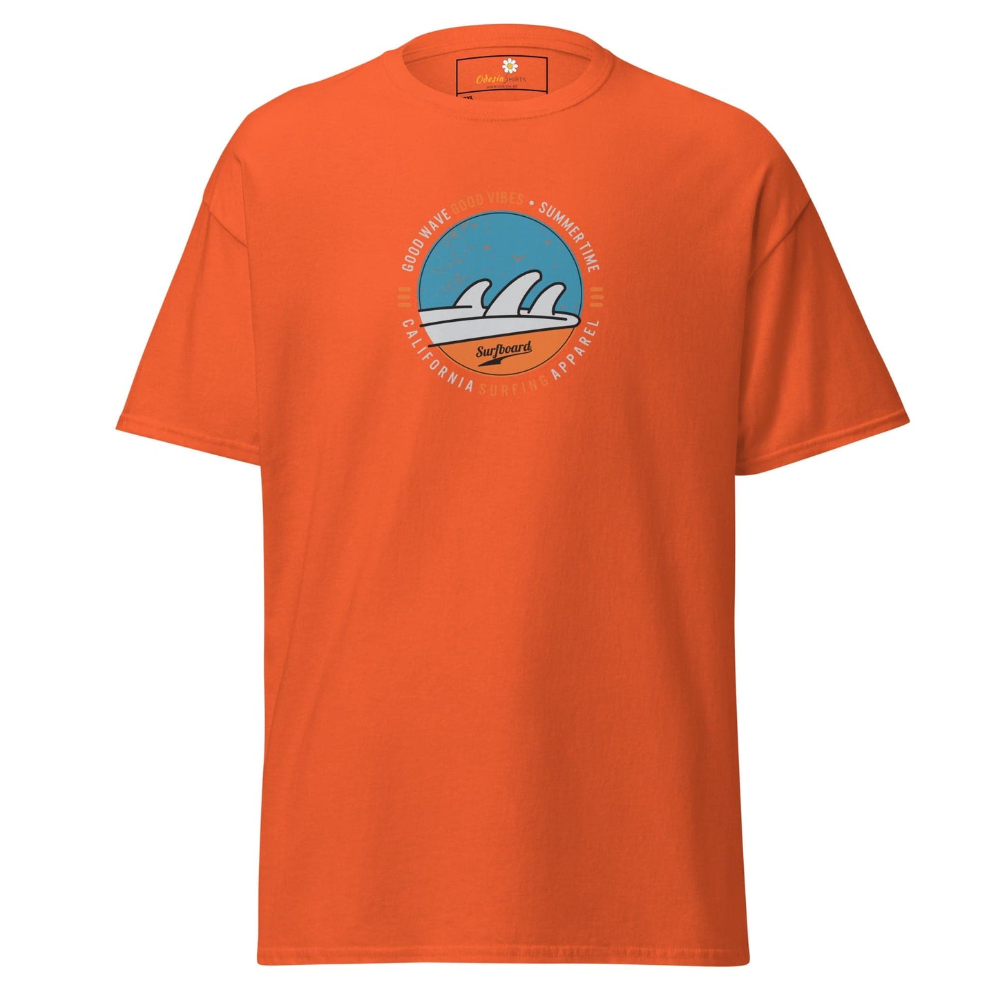 Orange t-shirt with wave graphic.
