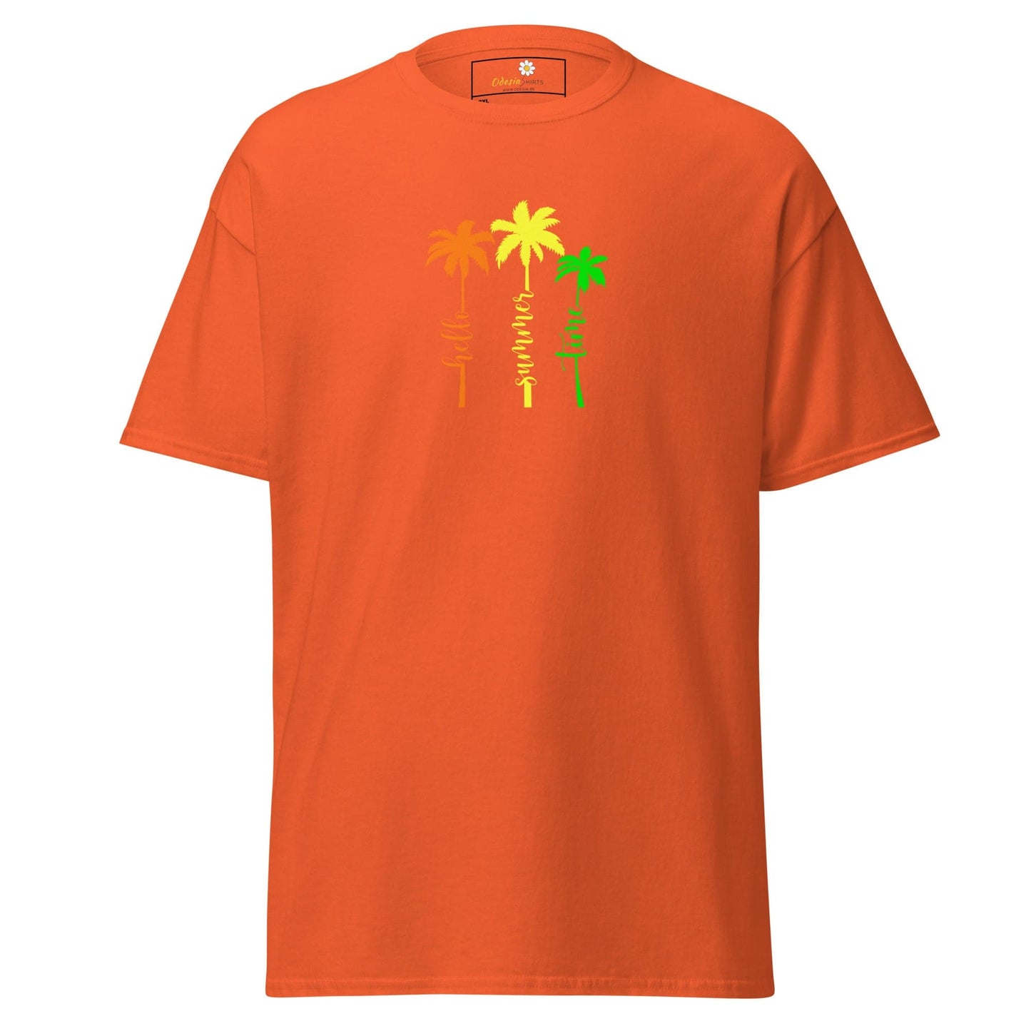 Orange t-shirt with palm tree design.