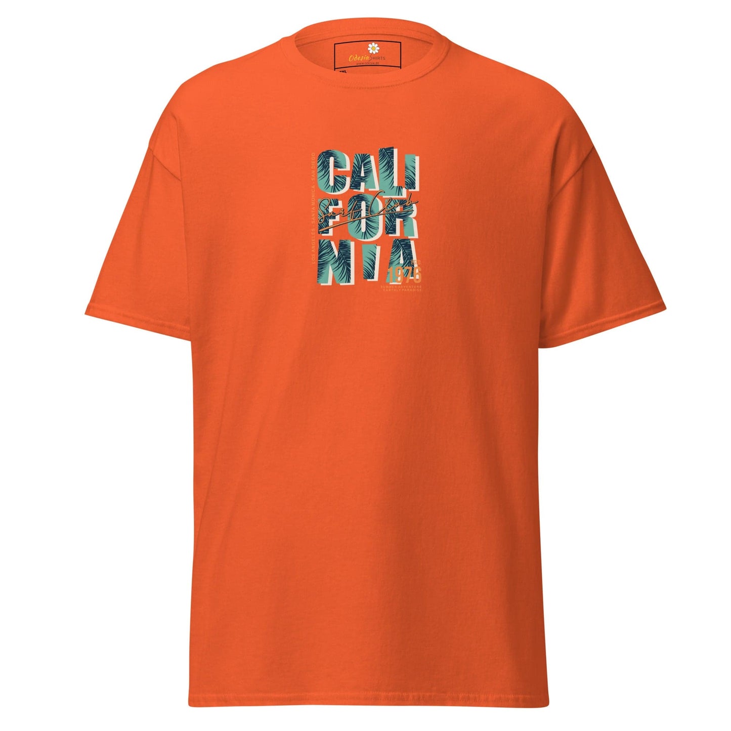 Orange t-shirt with ’California’ text.