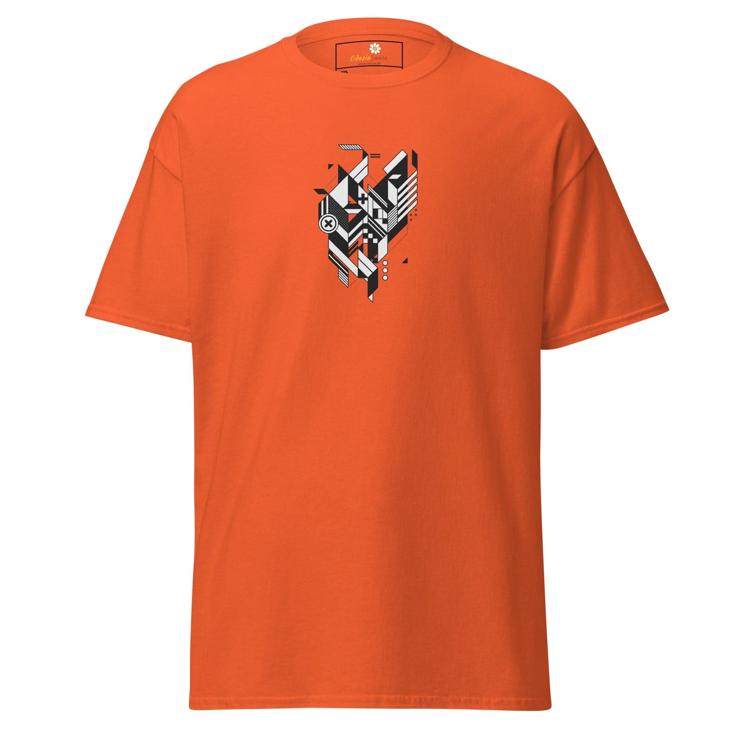 Orange t-shirt with geometric design.