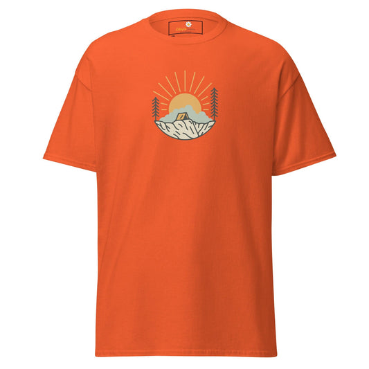 Orange t-shirt with camping graphic.