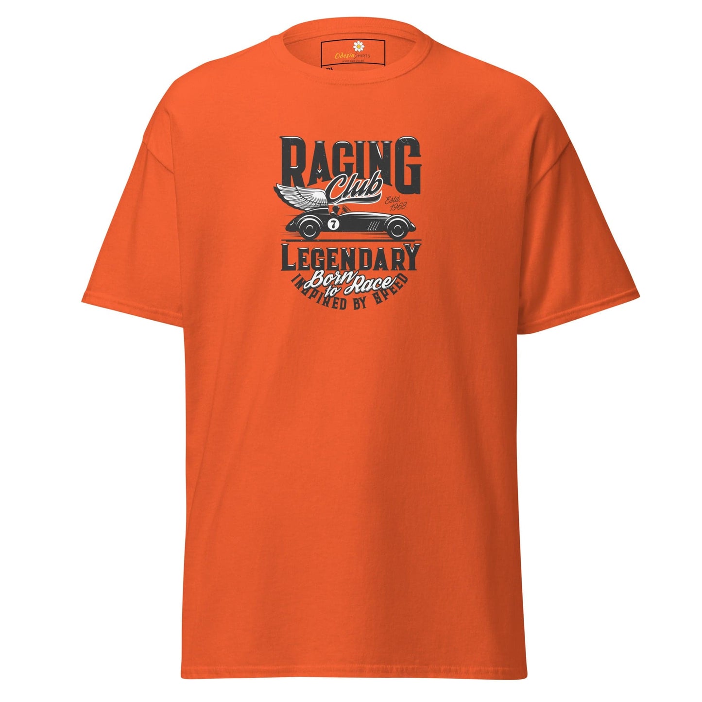 Orange t-shirt with racing car graphic.