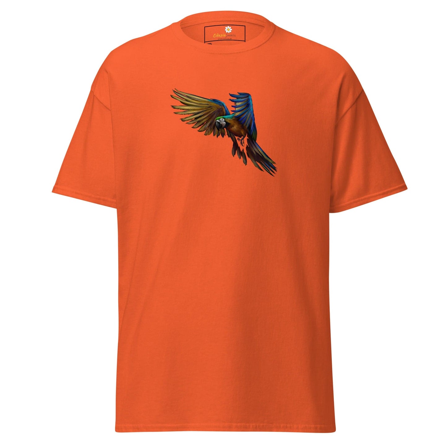 Orange T-shirt with a colorful parrot graphic for men and women in 2XL to 5XL sizes