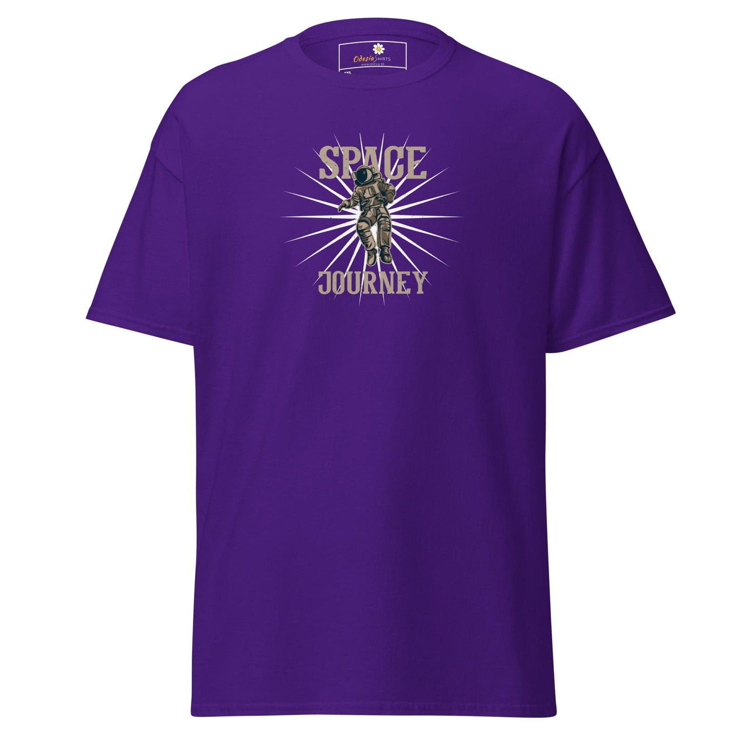 Purple T-shirt with space journey graphic for men and women available in 2XL to 5XL