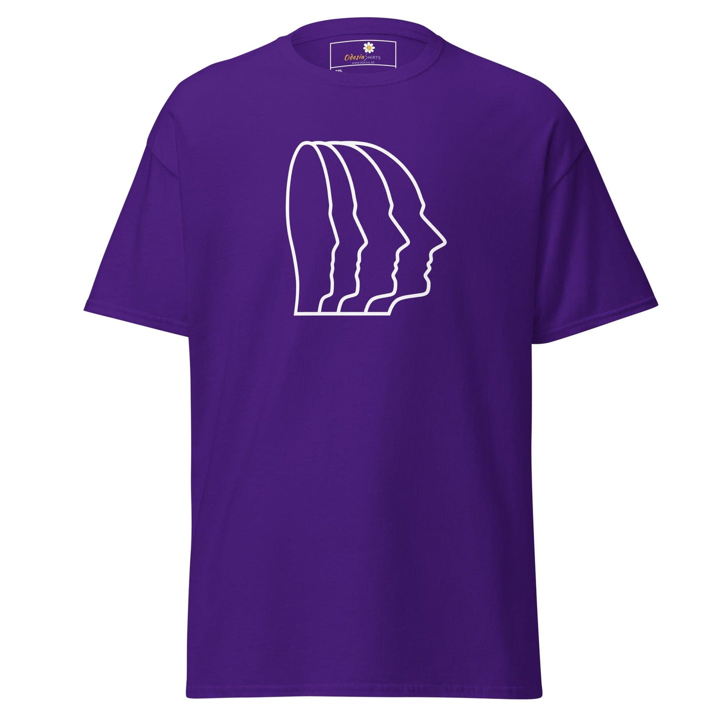 Purple T-shirt with white head outline design for men and women in sizes 2XL to 5XL