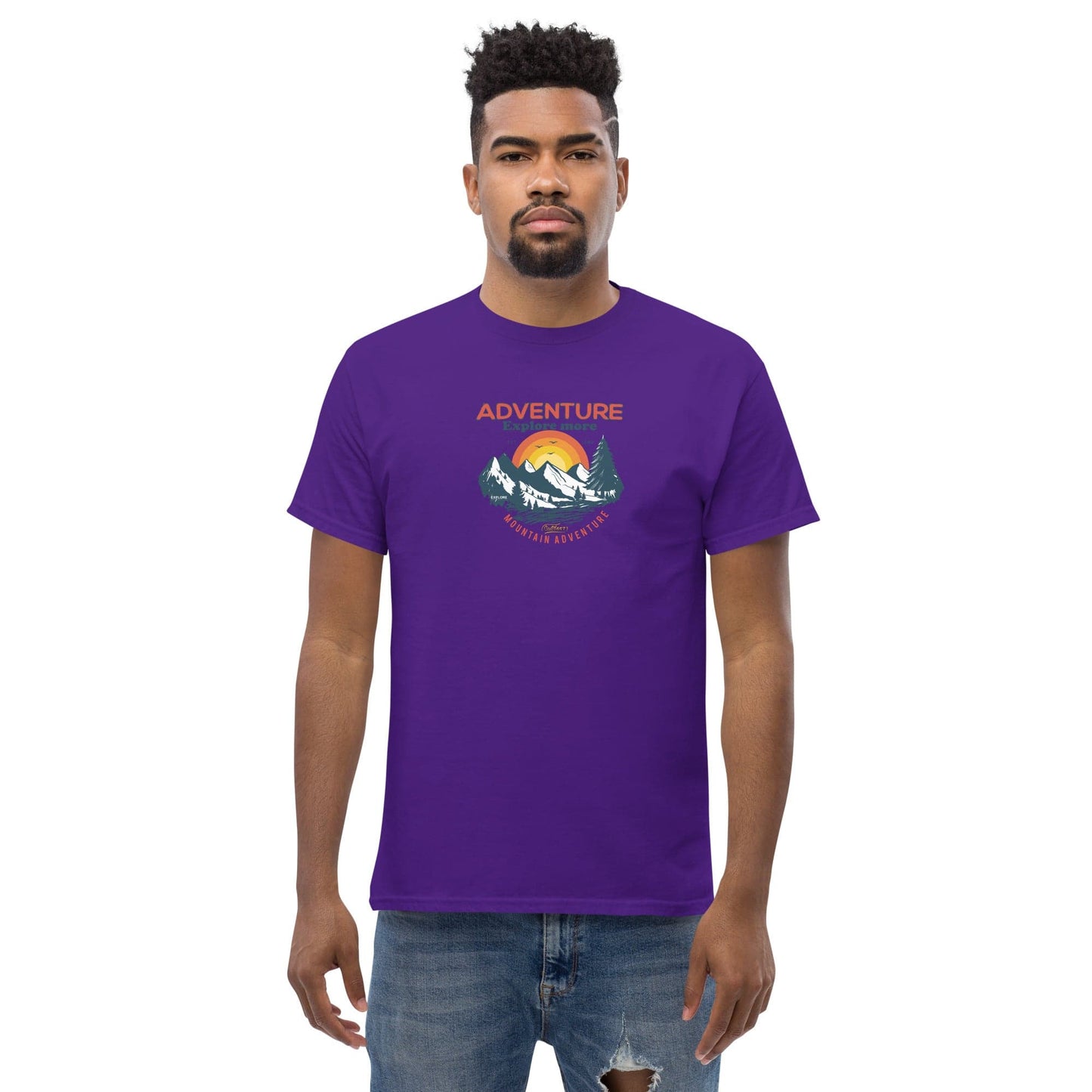 Purple t-shirt with mountain graphic.