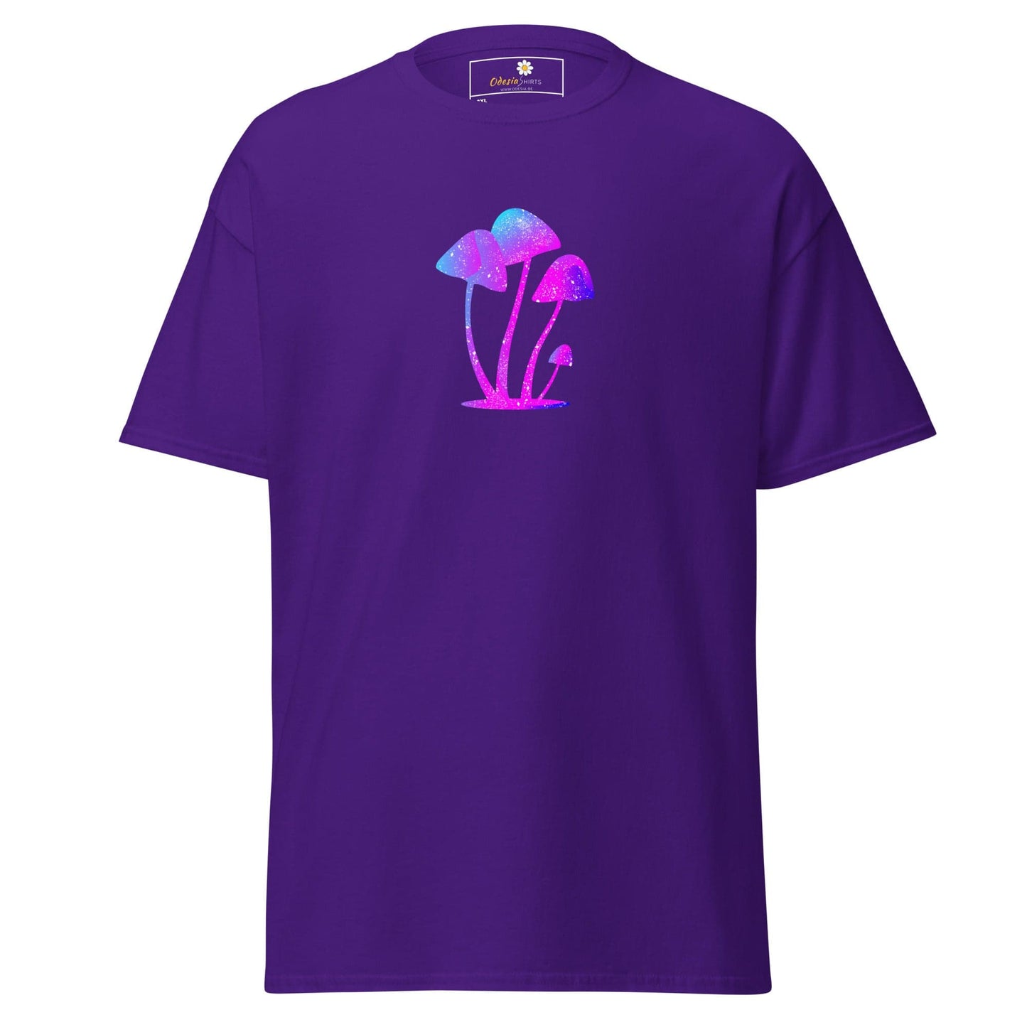 Purple t-shirt with mushroom design.