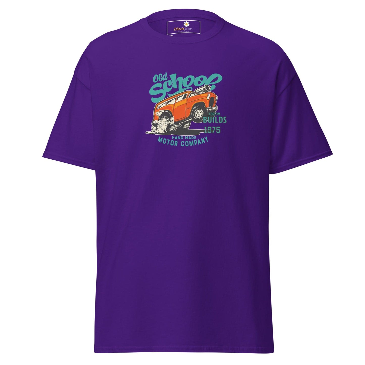Purple t-shirt with car graphic.