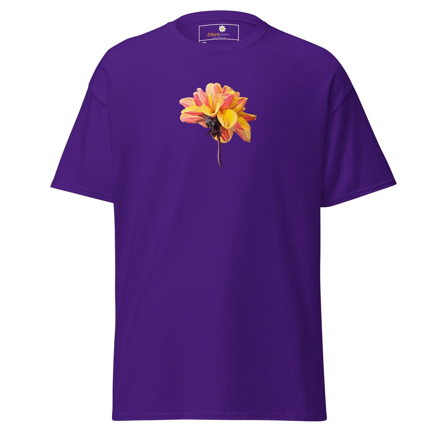 Purple t-shirt with flower graphic.