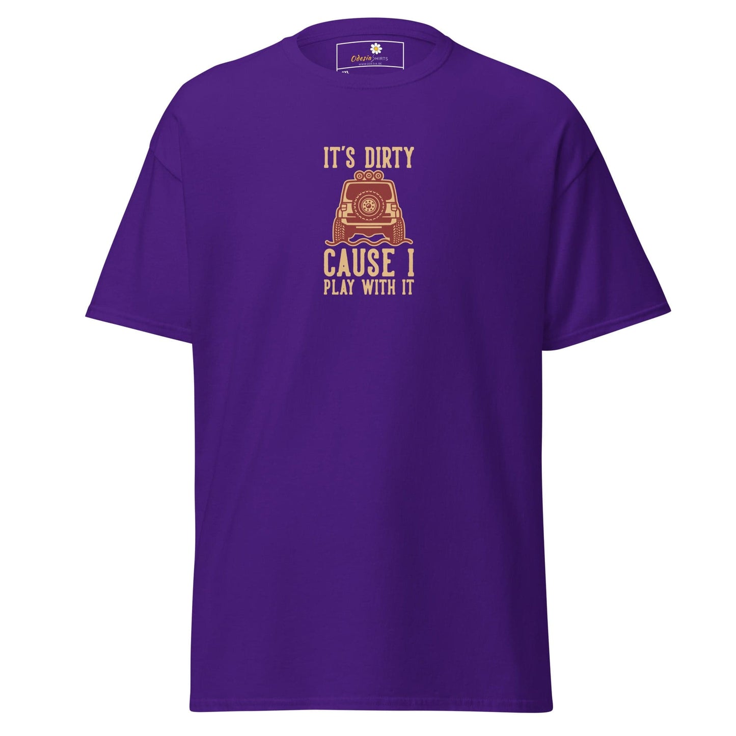 Purple t-shirt with off-road vehicle graphic.