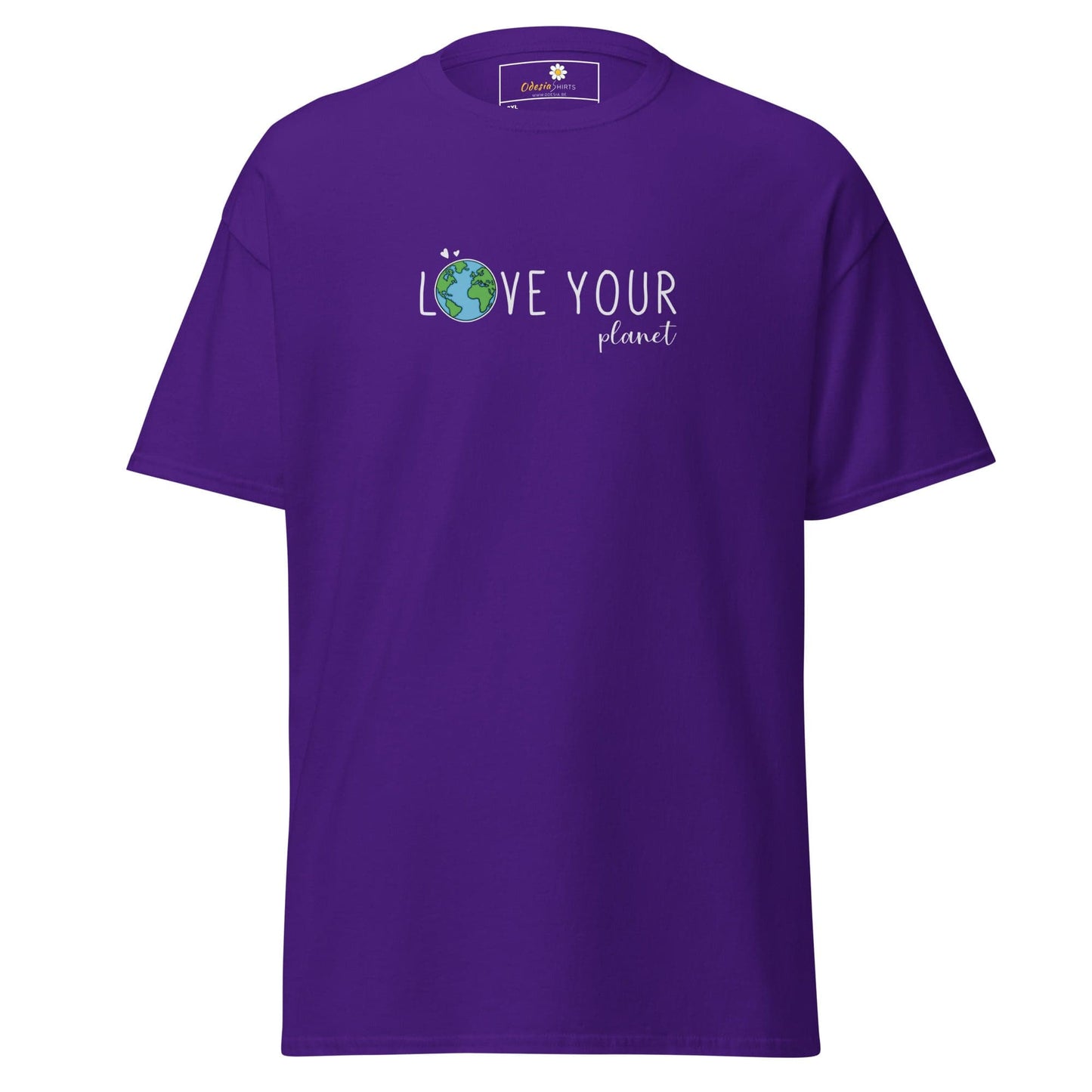 Purple t-shirt with earth graphic.