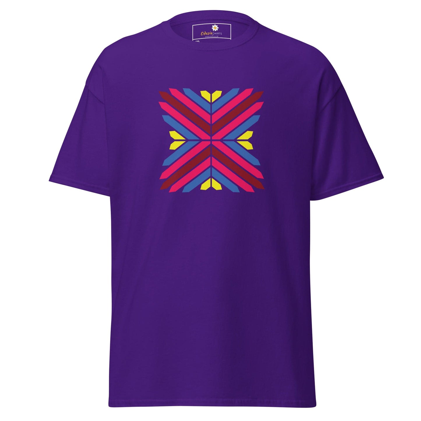 Purple T-shirt with colorful geometric design for Men and Women in 2XL to 5XL sizes