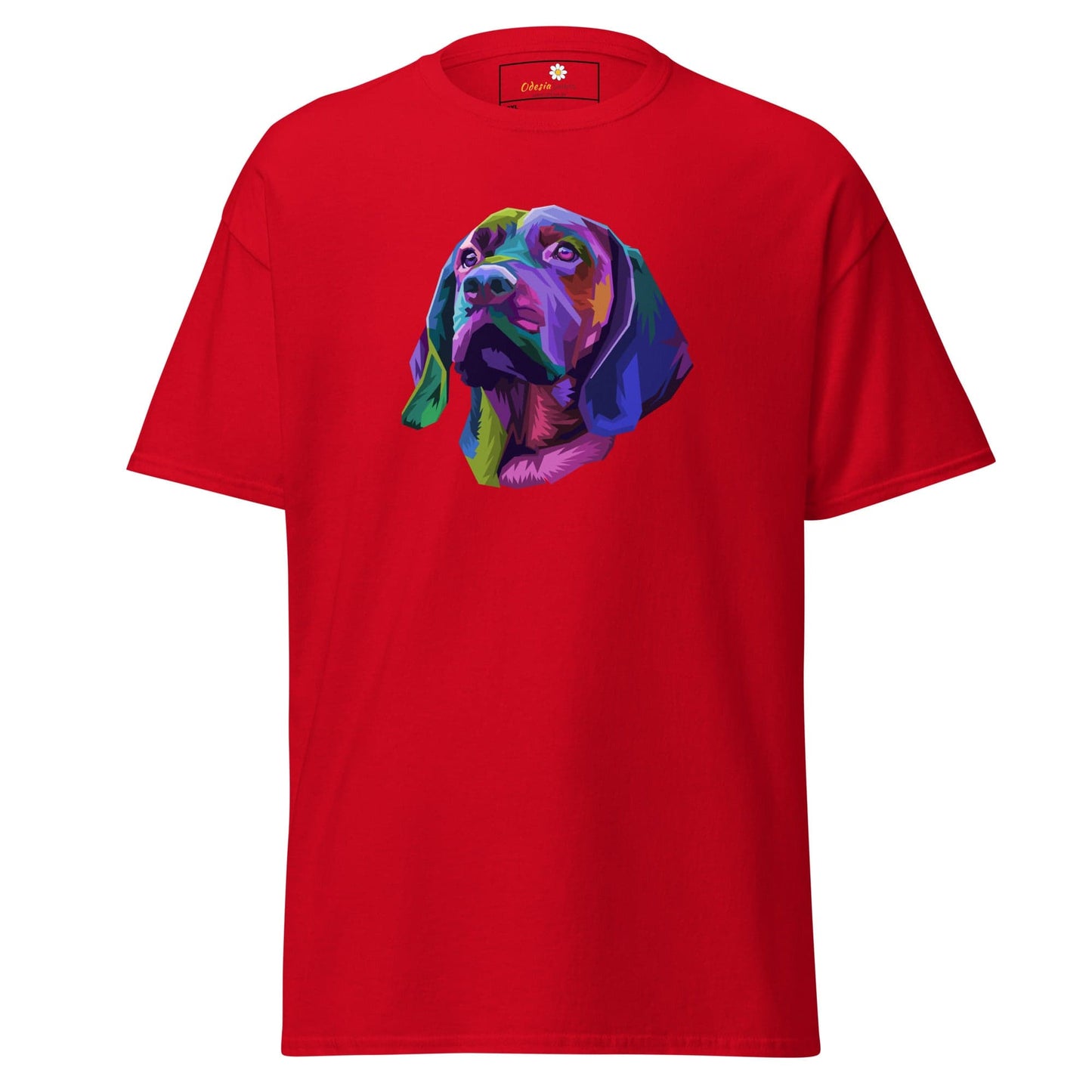 Red T-shirt with colorful dog graphic for men and women in 2XL to 5XL sizes