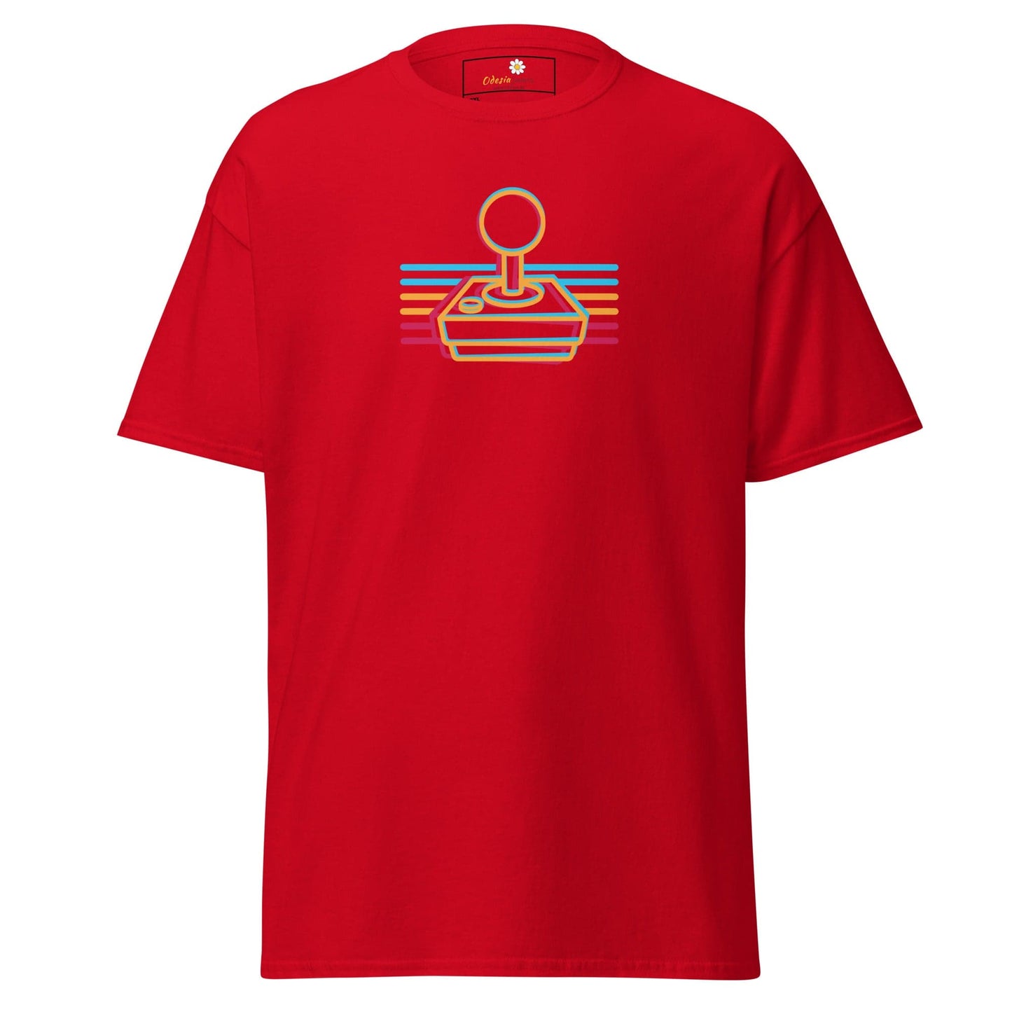 Red t-shirt with retro joystick design.