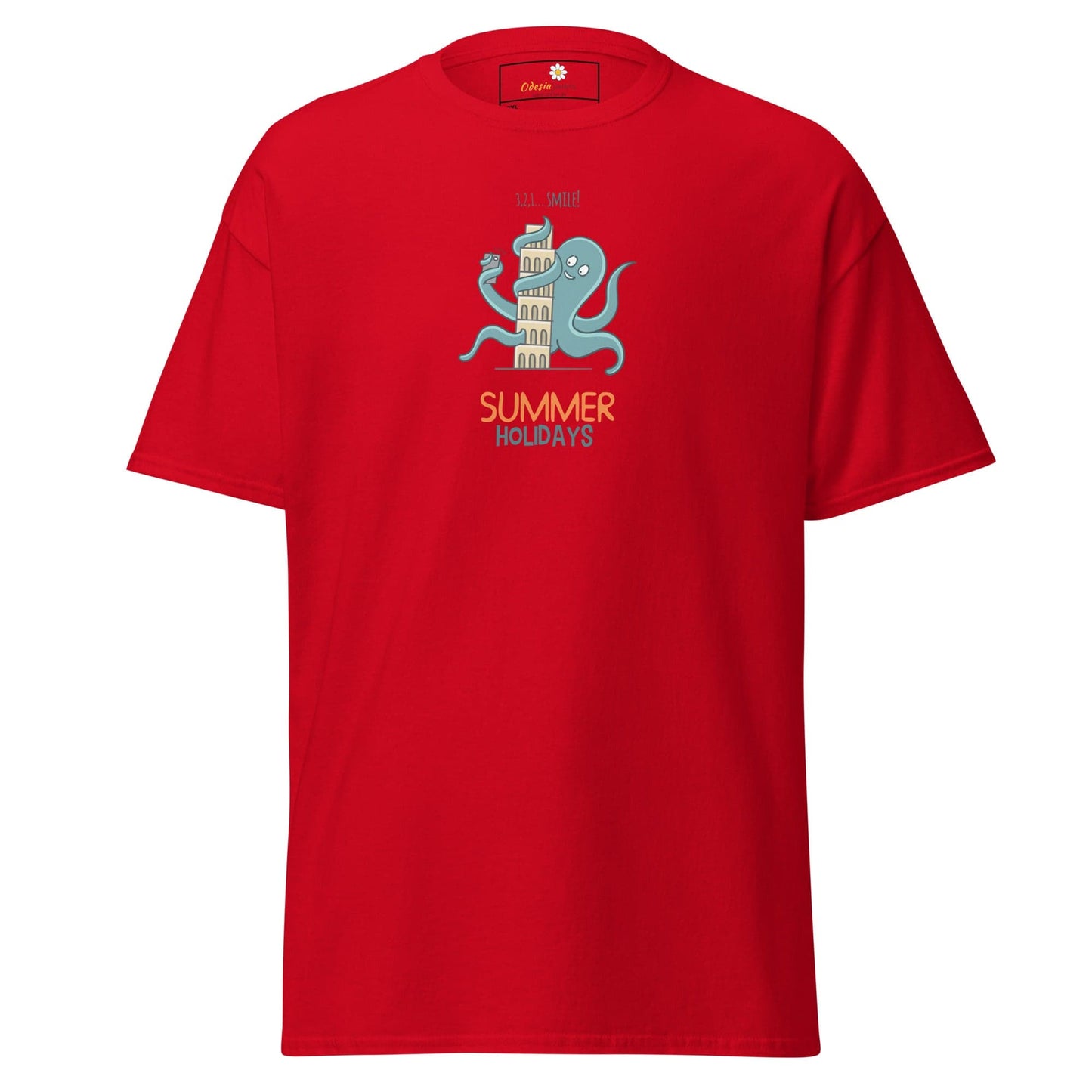 Red t-shirt with octopus and tower graphic.
