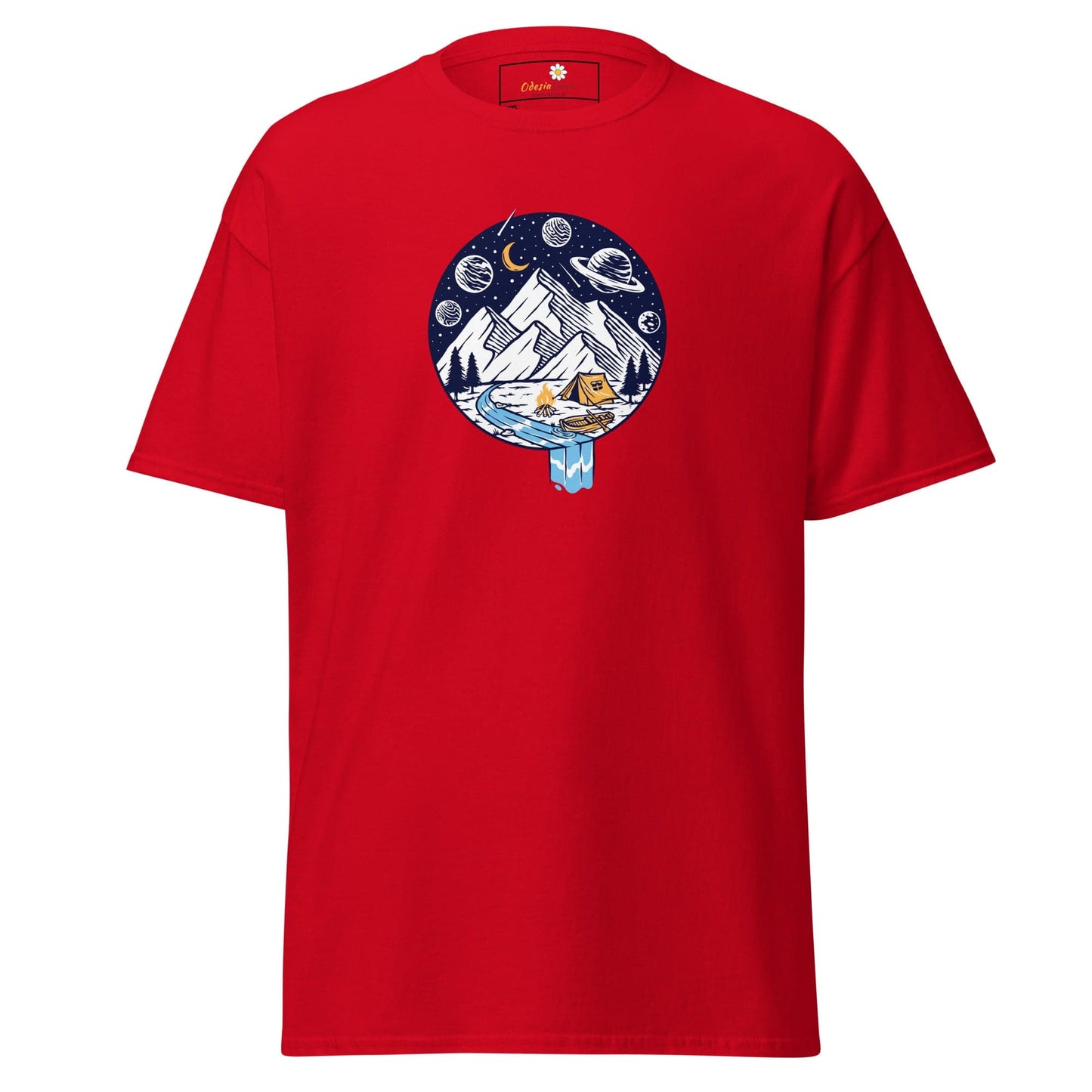 Red t-shirt with a circular mountain and space graphic.