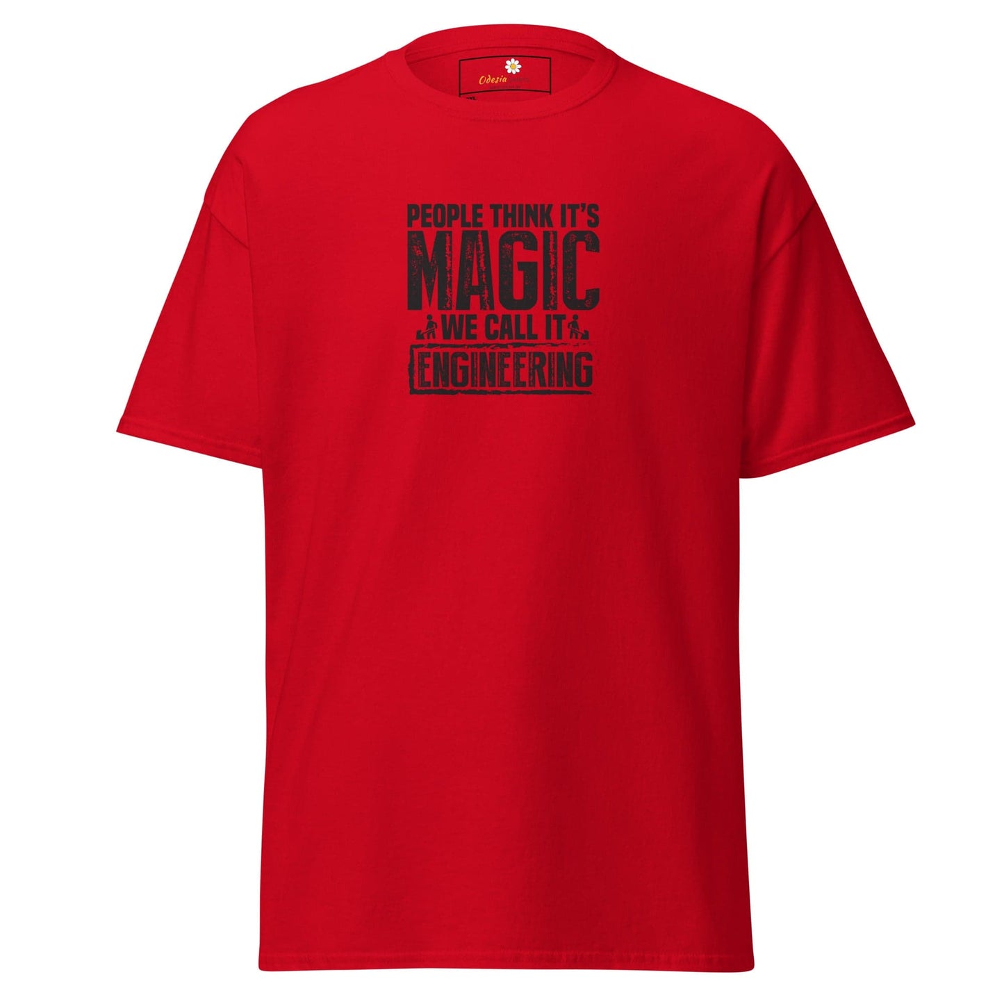 Red t-shirt with ’People think it’s magic, we call it engineering’ text.