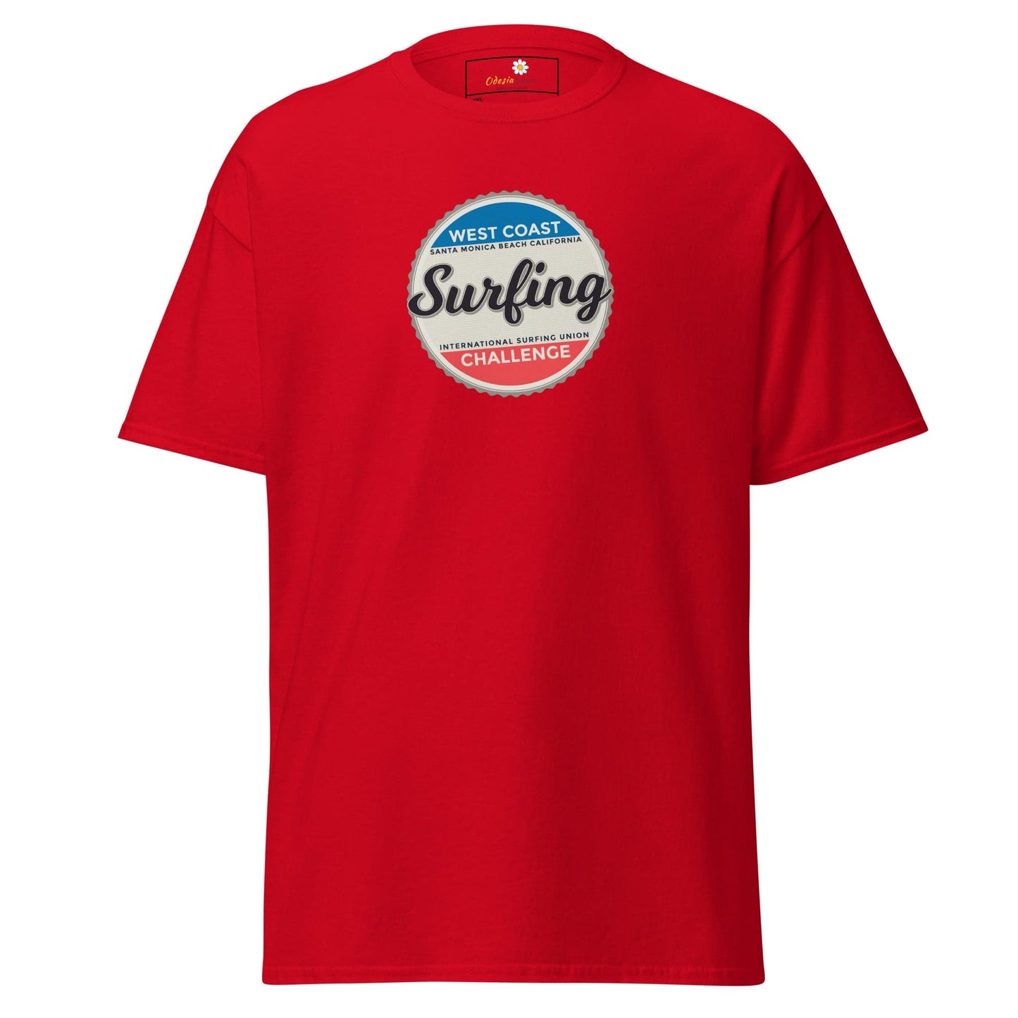 Red t-shirt with surfing graphic.