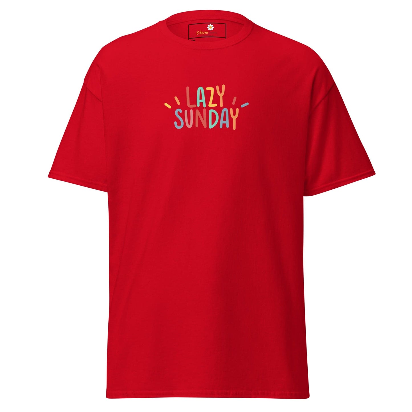 Red t-shirt with ’Lazy Sunday’ text.