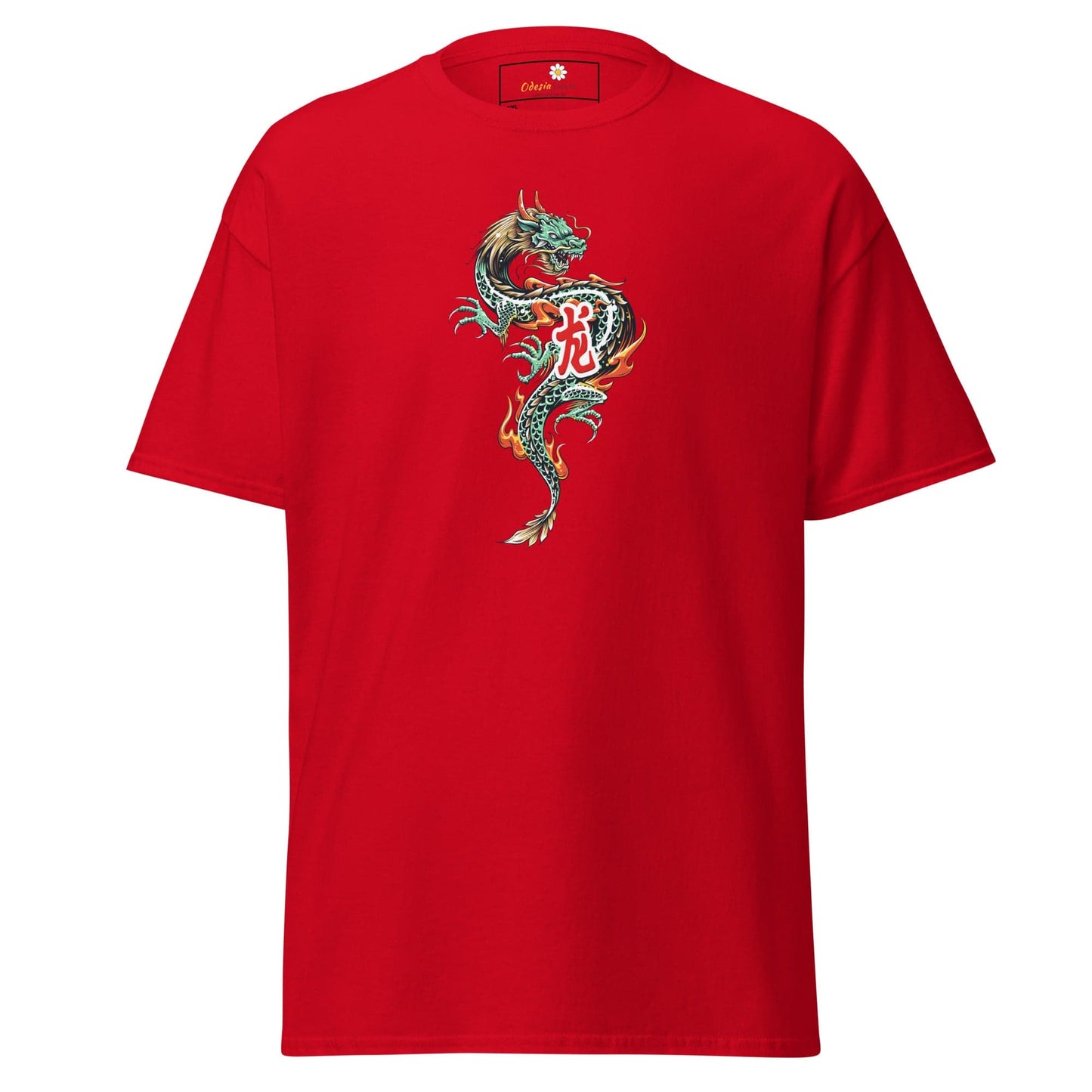 Red t-shirt with dragon design.