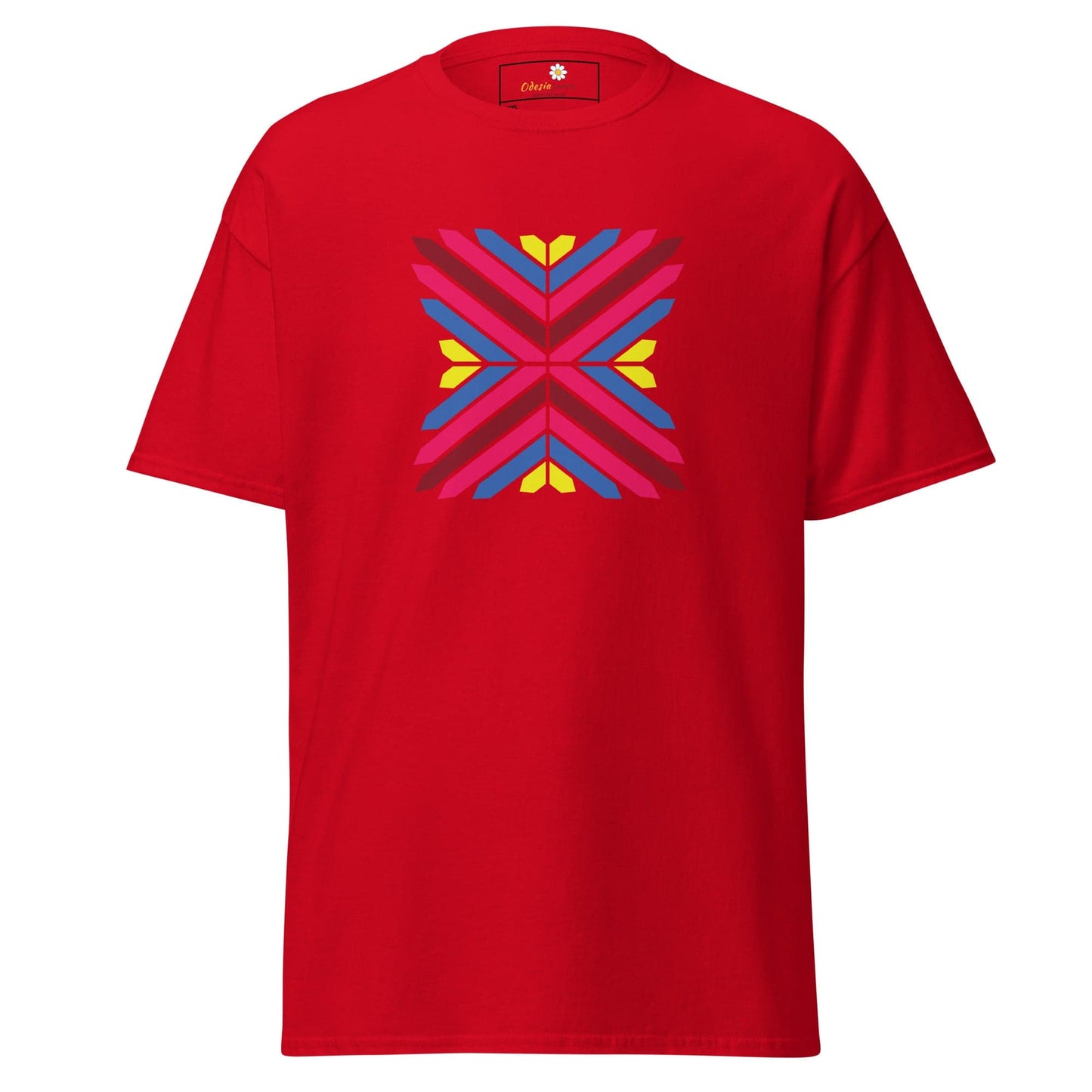 Red T-shirt with vibrant geometric design for Men and Women in 2XL to 5XL sizes