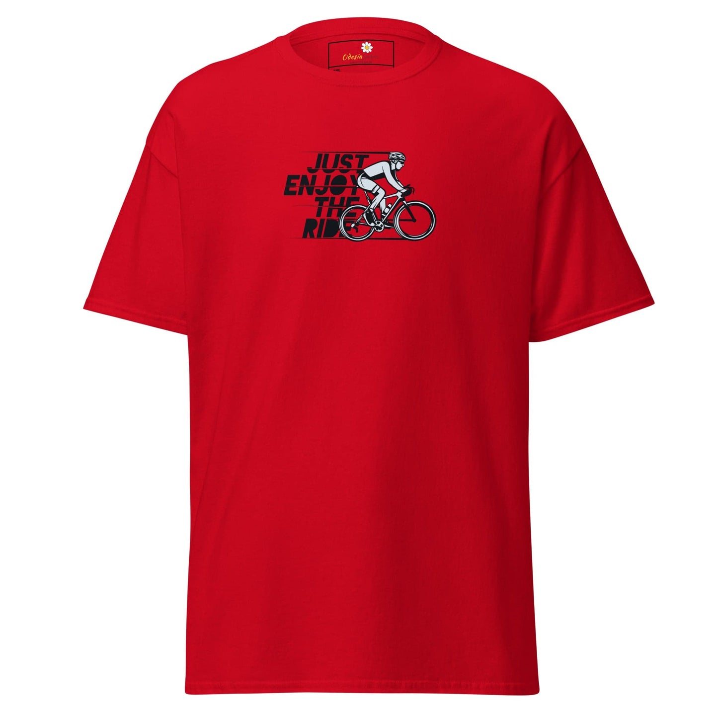 Red T-shirt with cyclist graphic available in Men and Women sizes from 2XL to 5XL