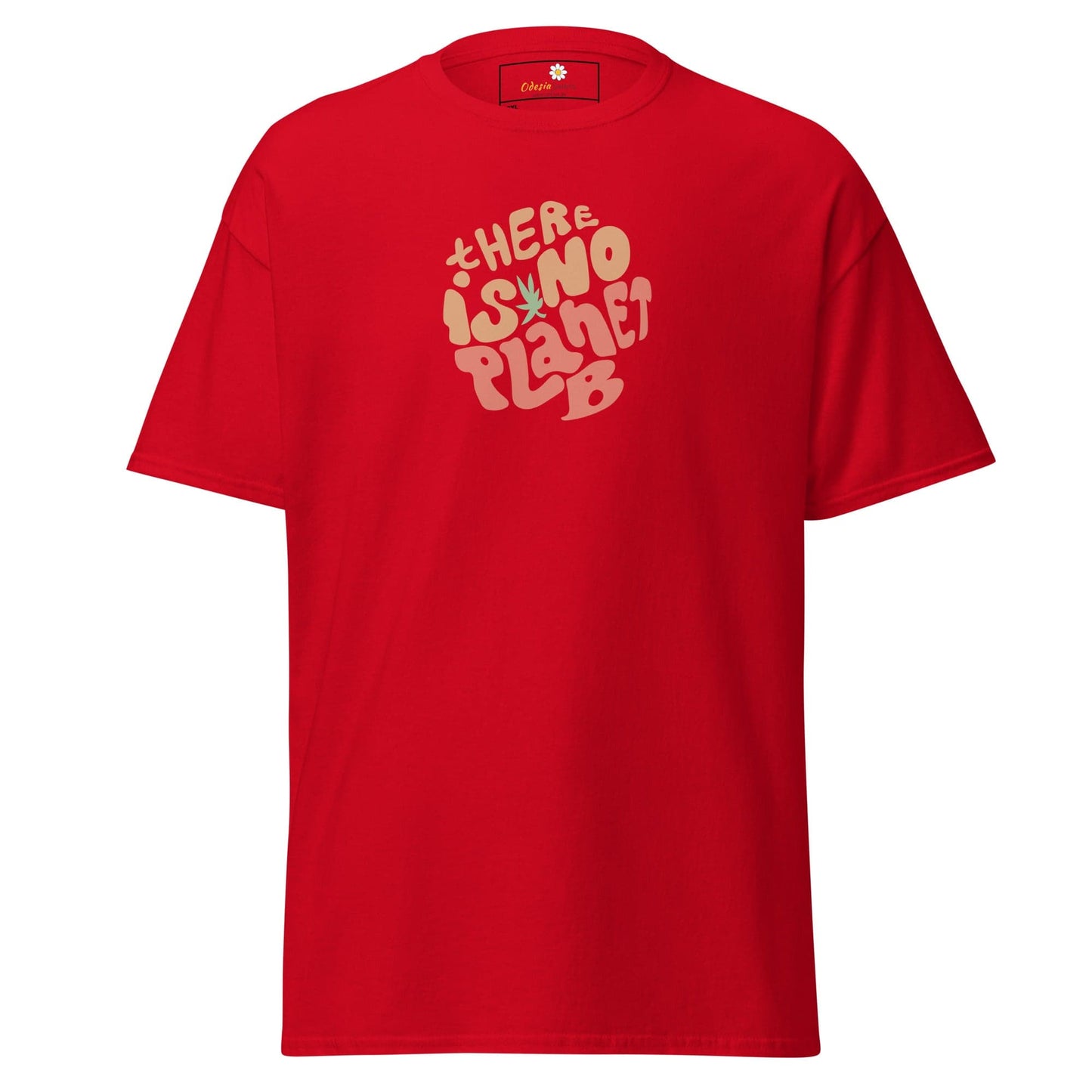 Red t-shirt with ’There is no Planet B’ graphic.