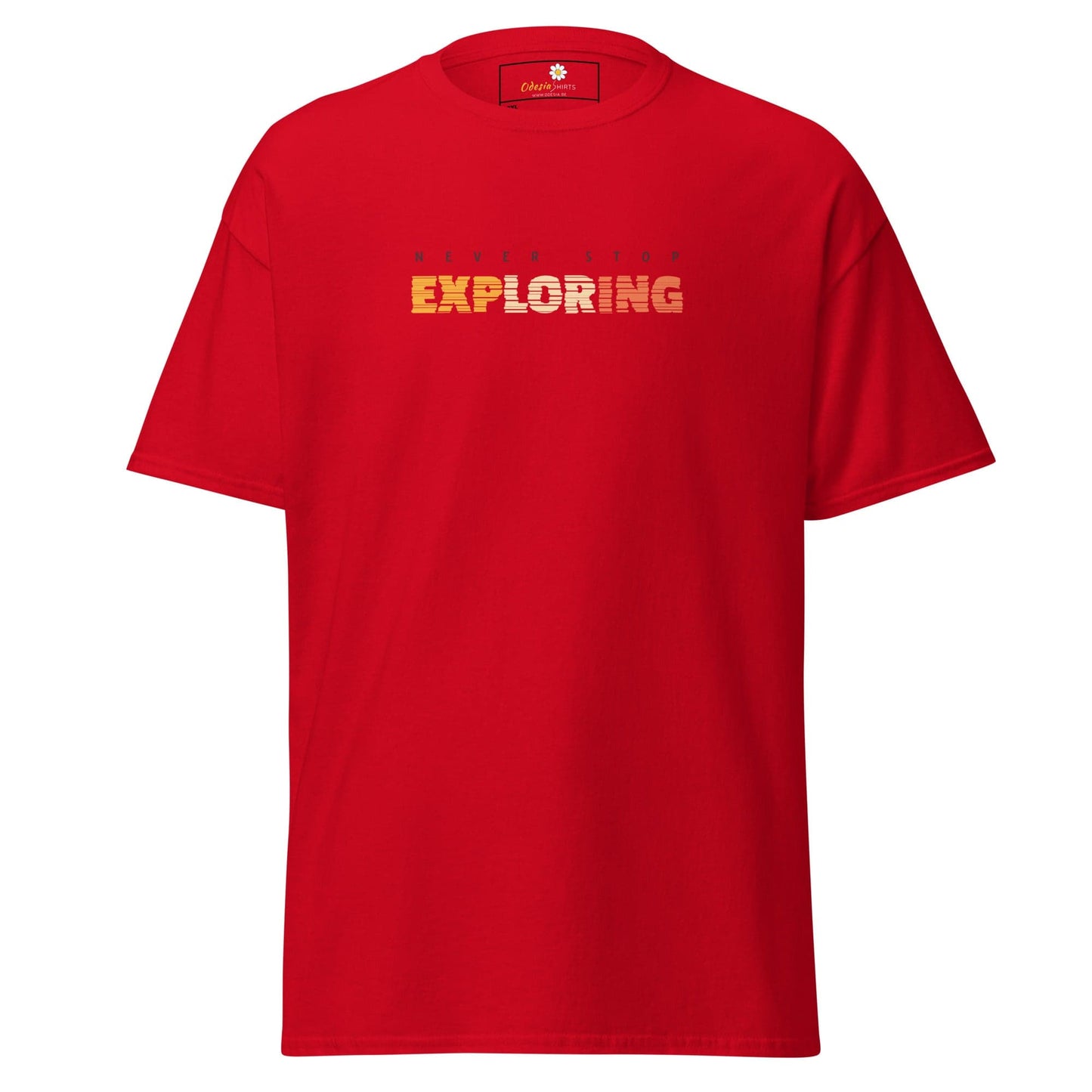 Red T-shirt with exploring text from T-SHIRT DESIGN TEE for Men and Women in 2XL to 5XL sizes