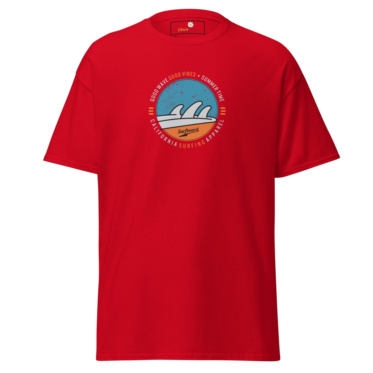 Red t-shirt with surfing graphic.