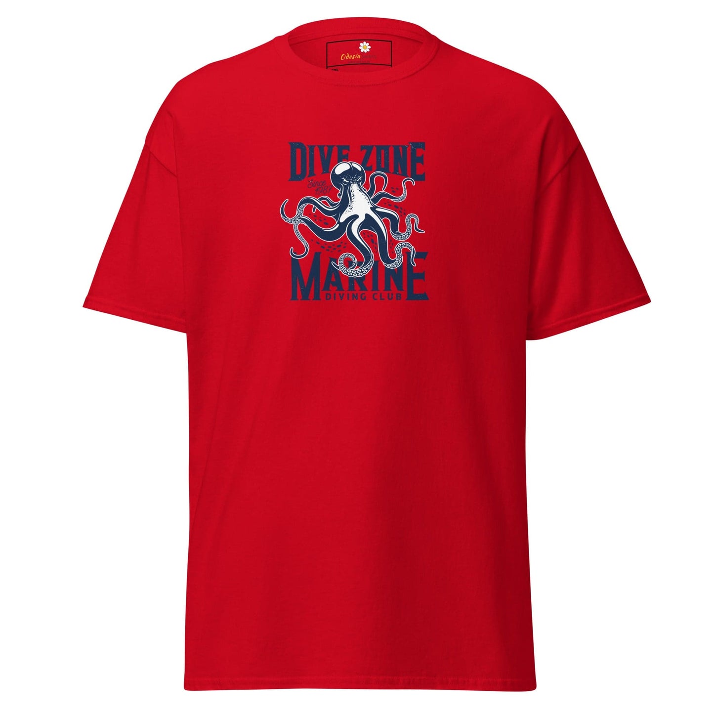 Red t-shirt with octopus graphic.