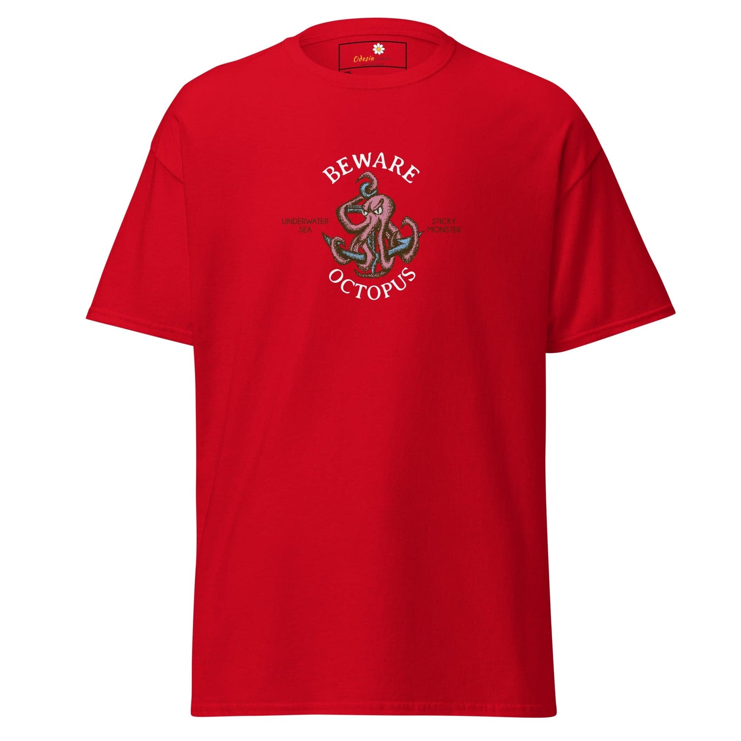 Red T-shirt with octopus graphic for men and women, available in sizes 2XL to 5XL