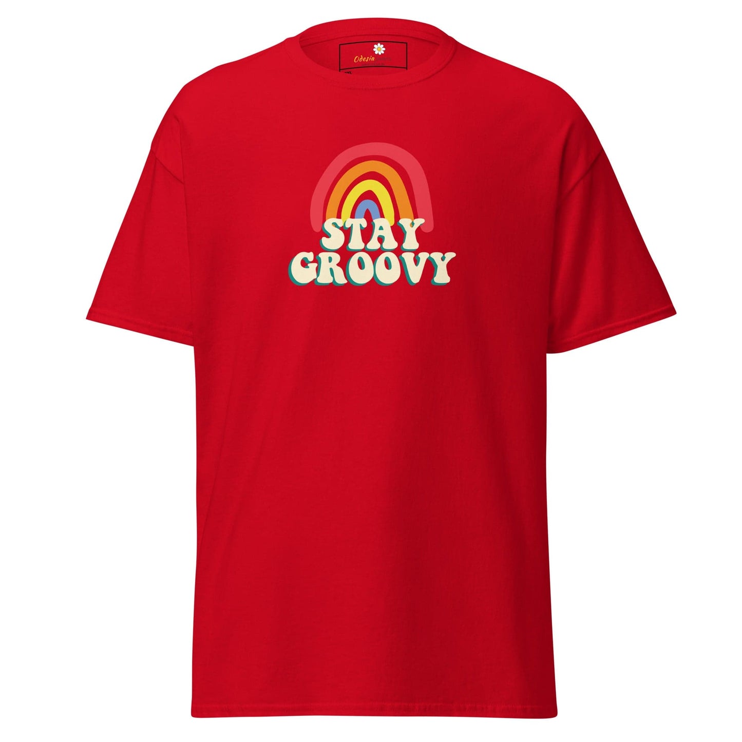 Red t-shirt with rainbow and ’Stay Groovy’ text.