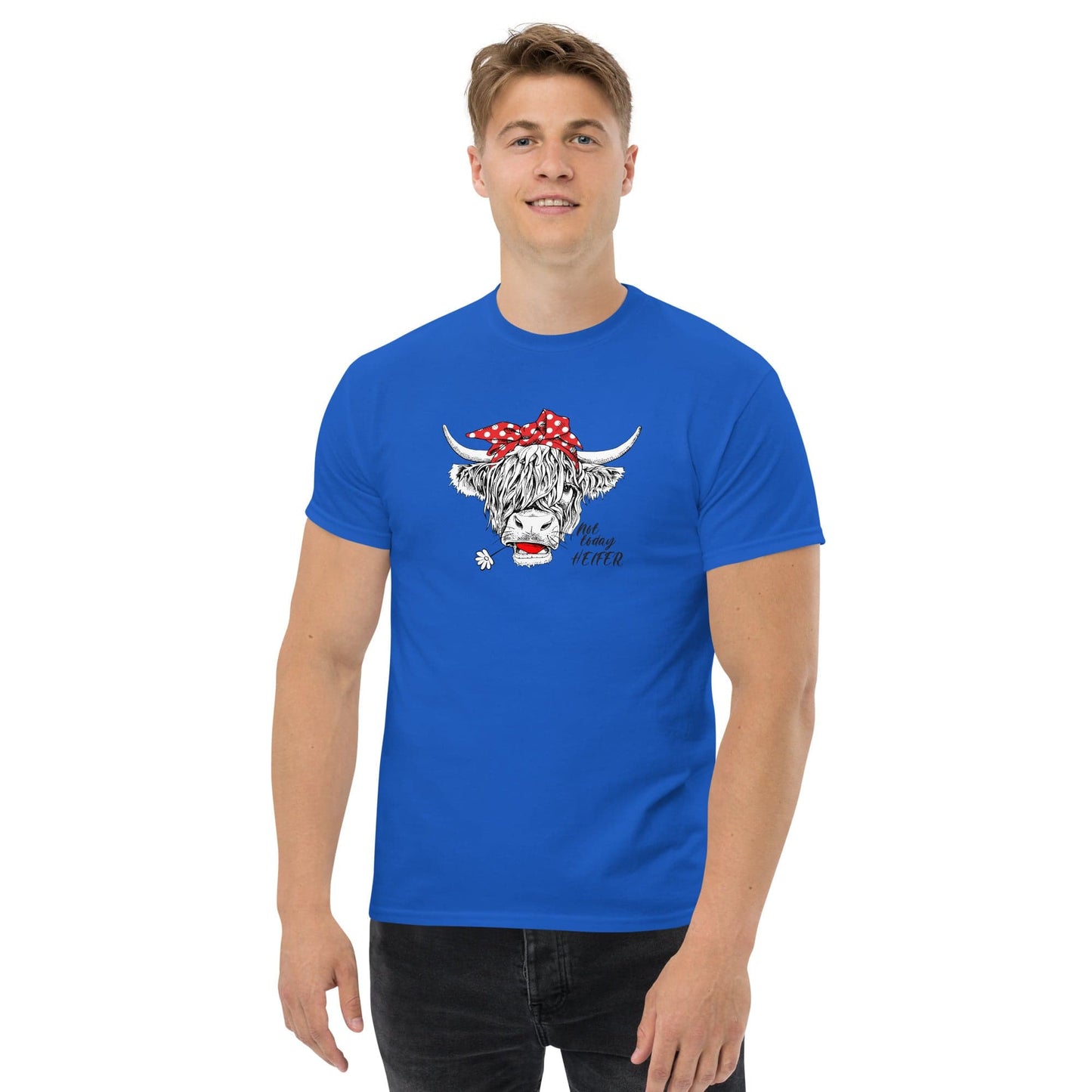 Blue t-shirt with cow graphic.