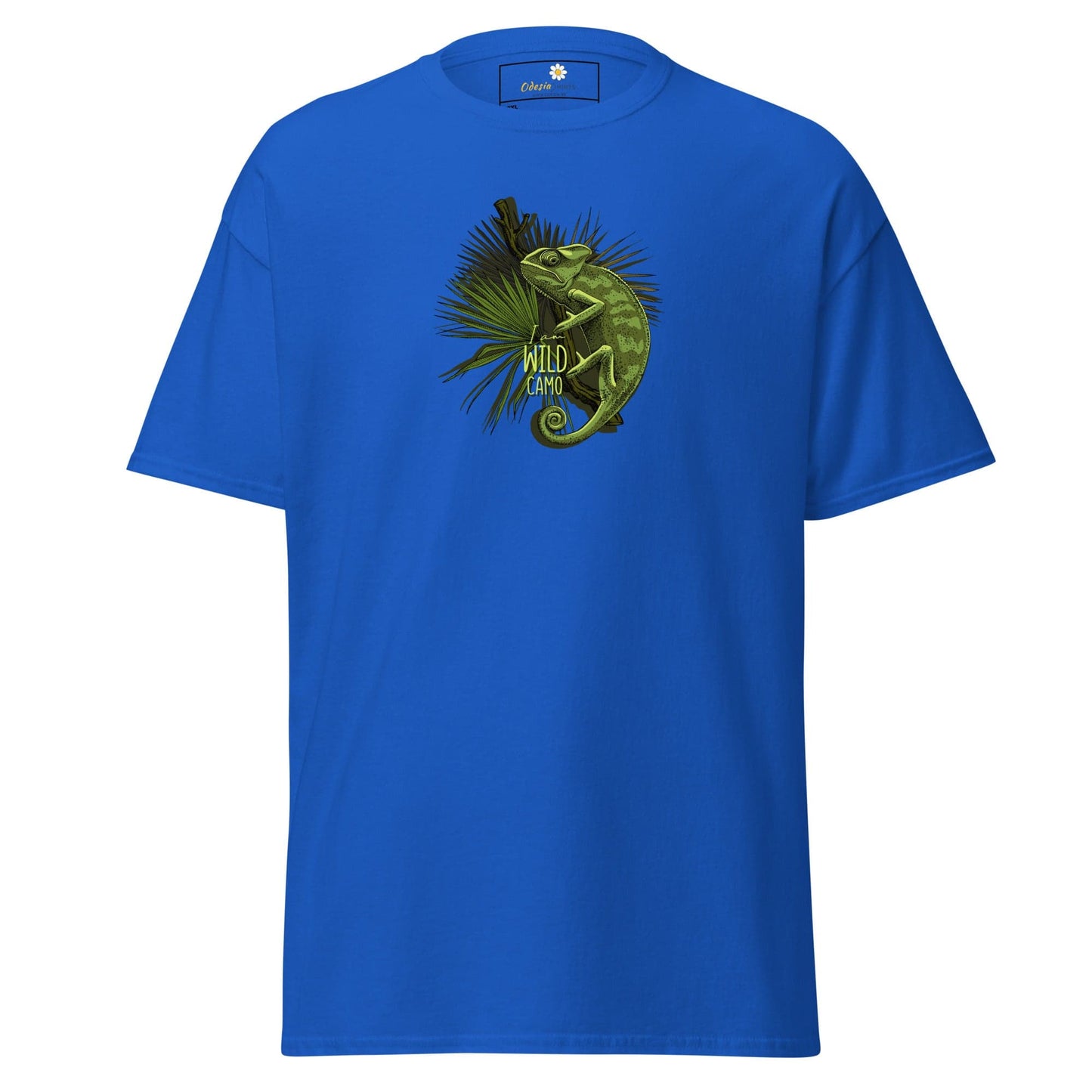 Blue t-shirt with chameleon graphic.