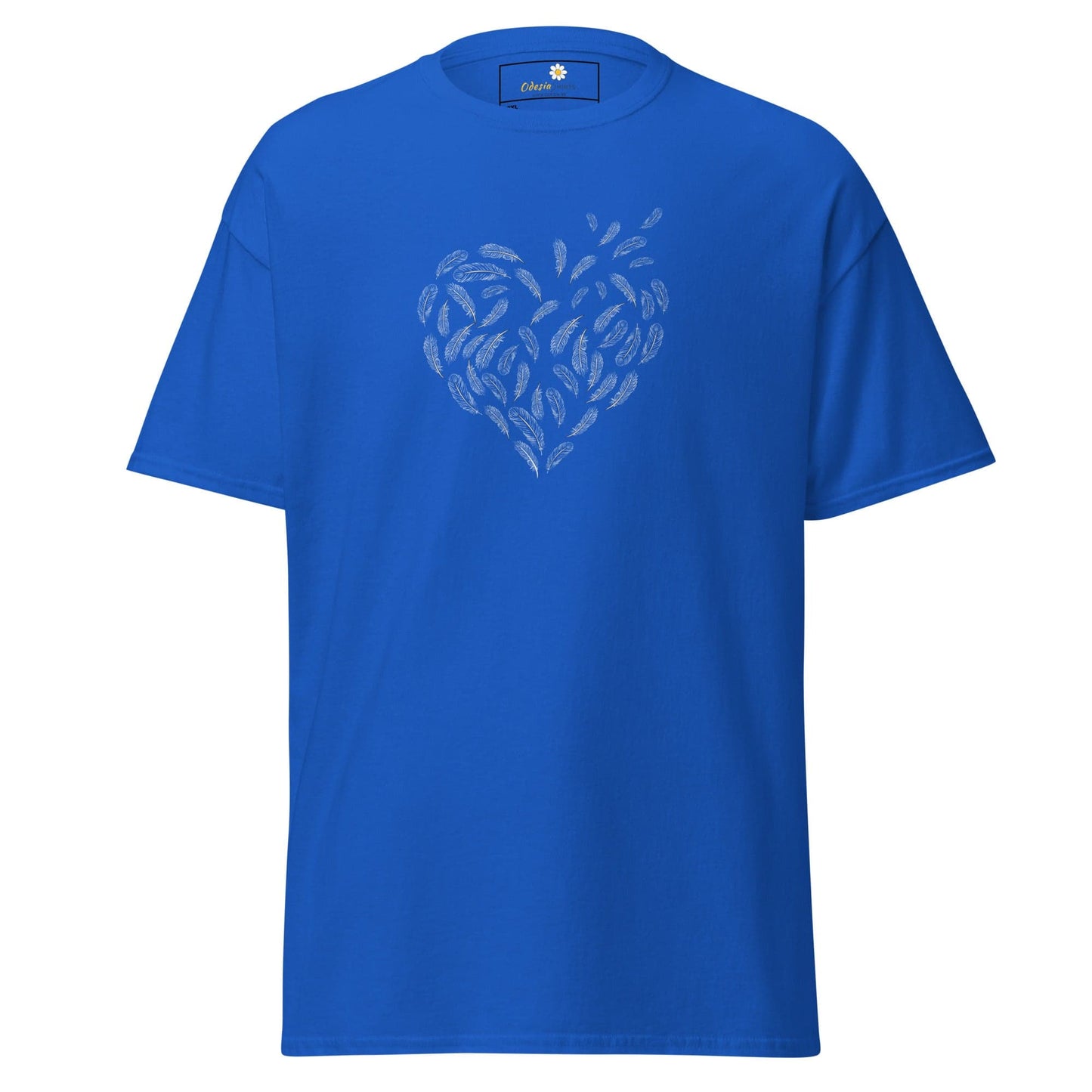 Blue T-shirt with feather heart design from T-SHIRT DESIGN TEE for Men and Women
