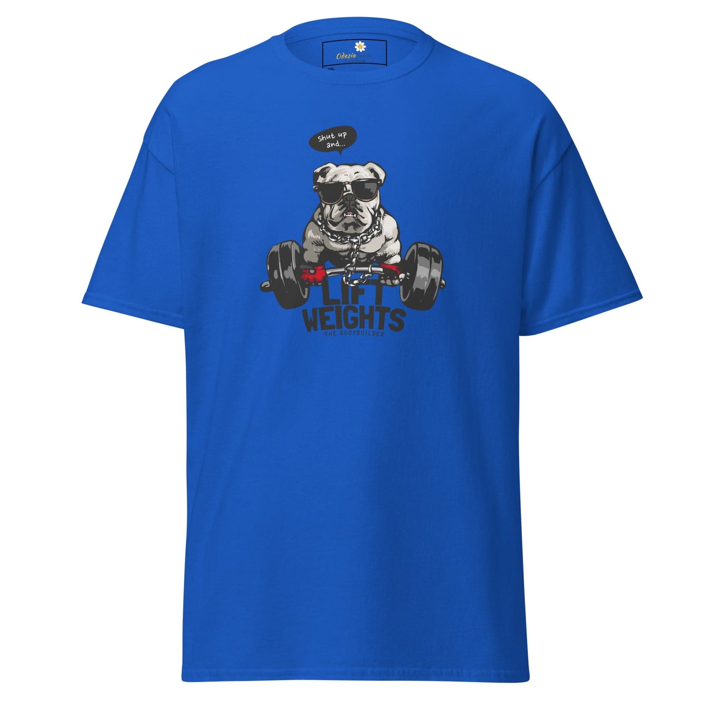 Blue t-shirt with dog lifting weights graphic.