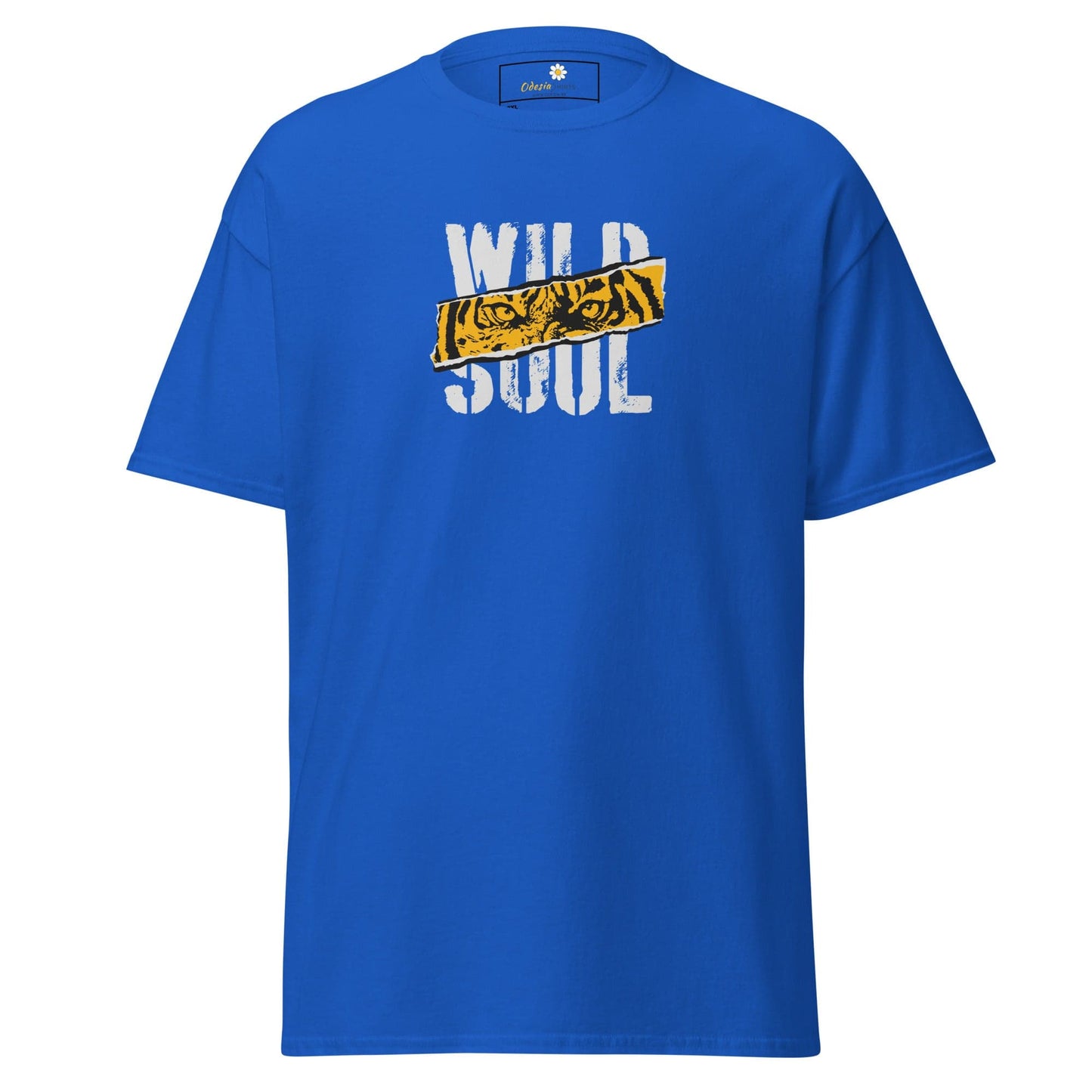 Blue t-shirt with ’Wild Soul’ graphic.