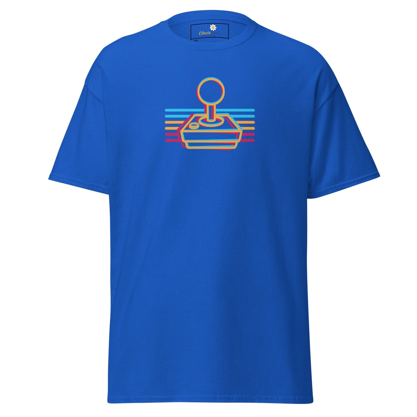 Blue t-shirt with retro joystick design.