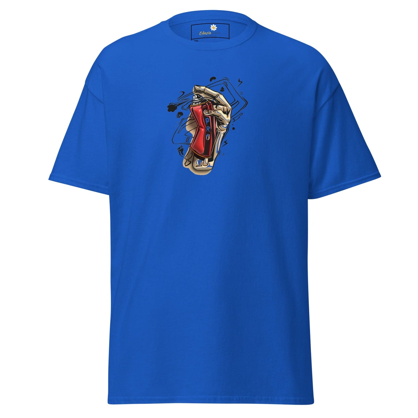 Blue t-shirt with graphic.