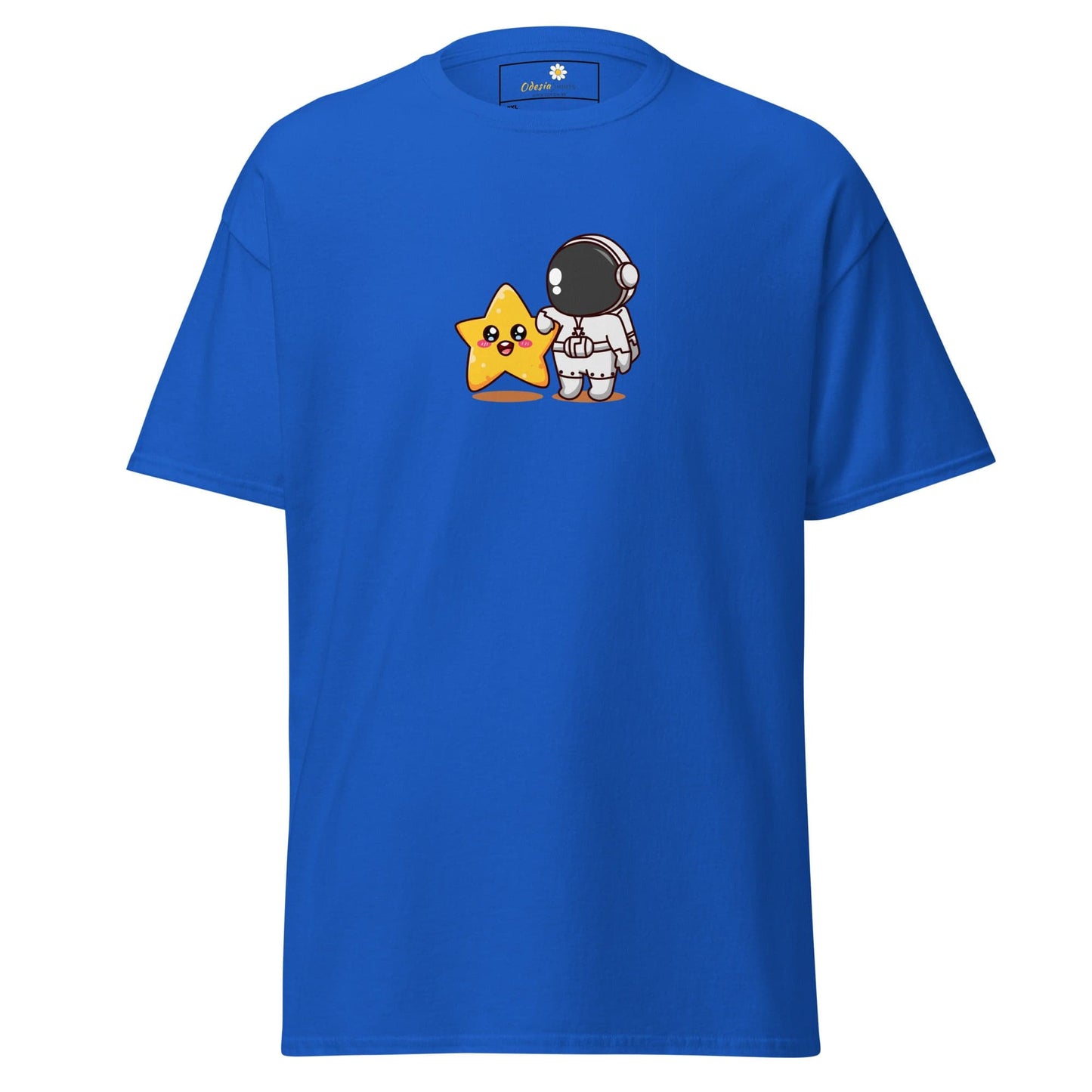 Blue t-shirt with astronaut and star graphic.