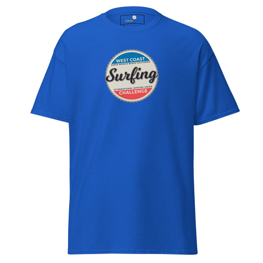 Blue t-shirt with surfing graphic.