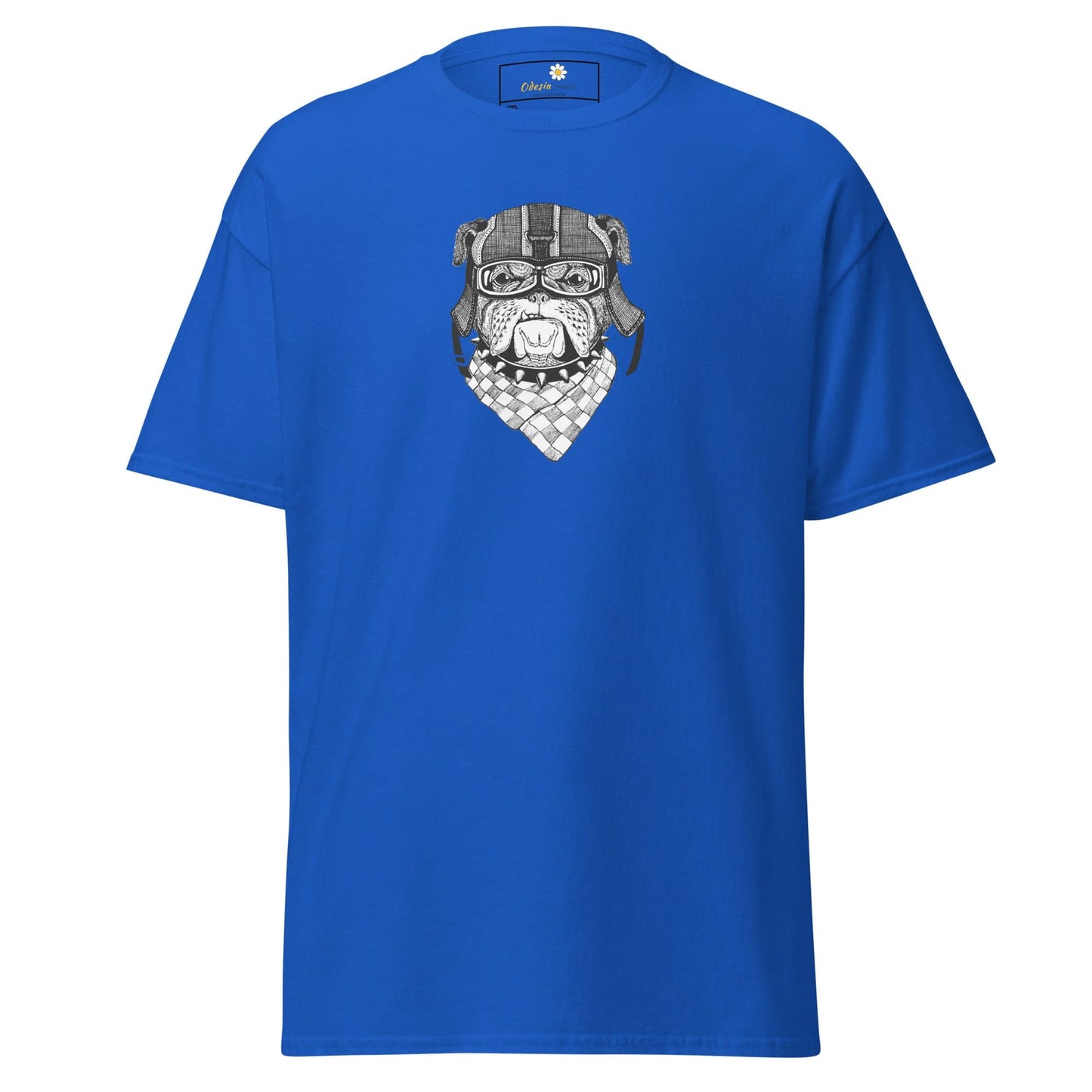 Blue T-shirt with bulldog graphic stylishly displayed in T-SHIRT DESIGN TEE for Men and Women