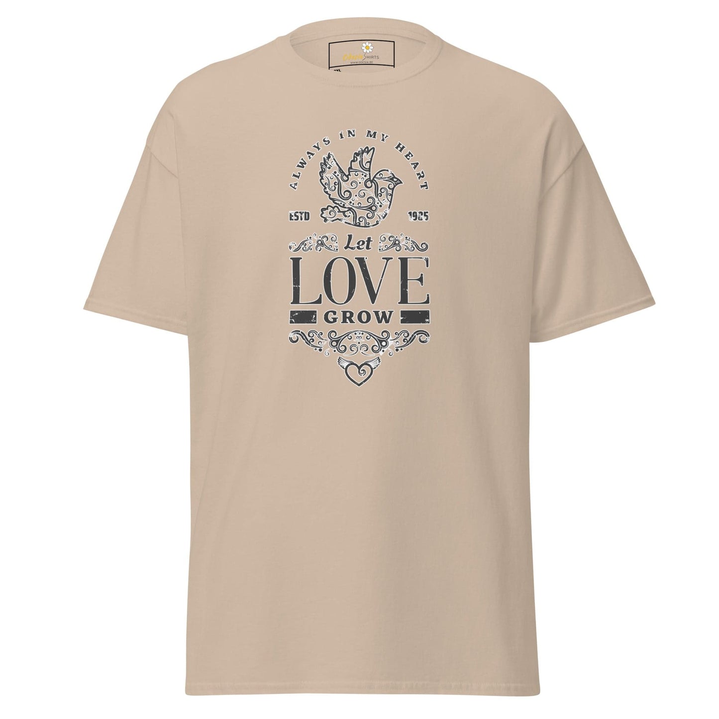 Beige T-shirt with Let Love Grow graphic available in Men and Women sizes 2XL to 5XL