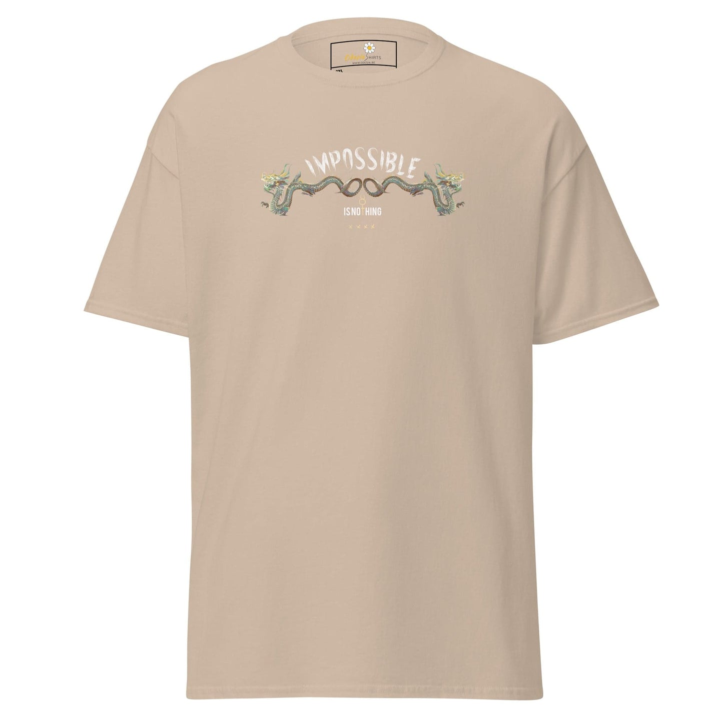 Beige t-shirt with snake design.