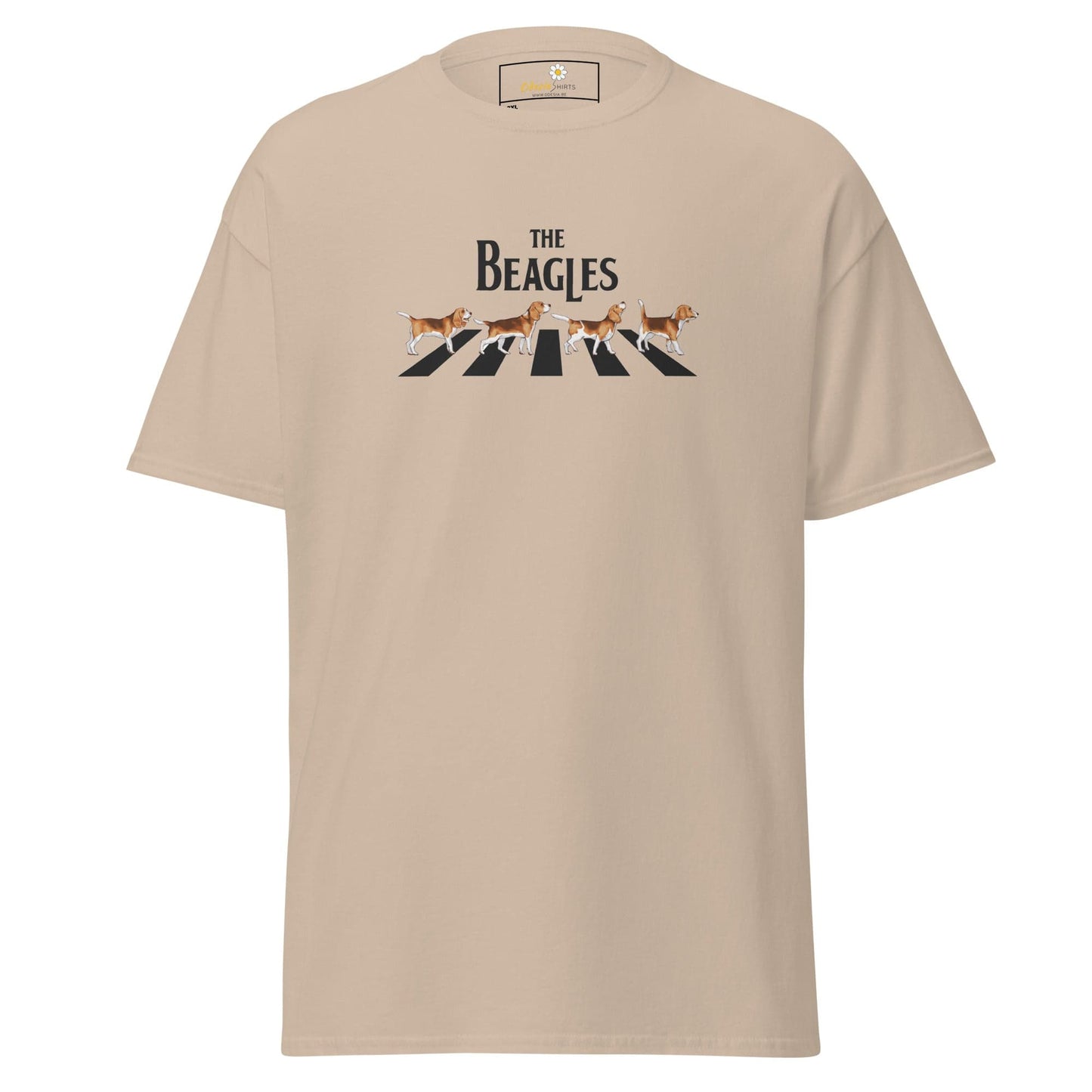 Beige t-shirt with ’The Beagles’ graphic.