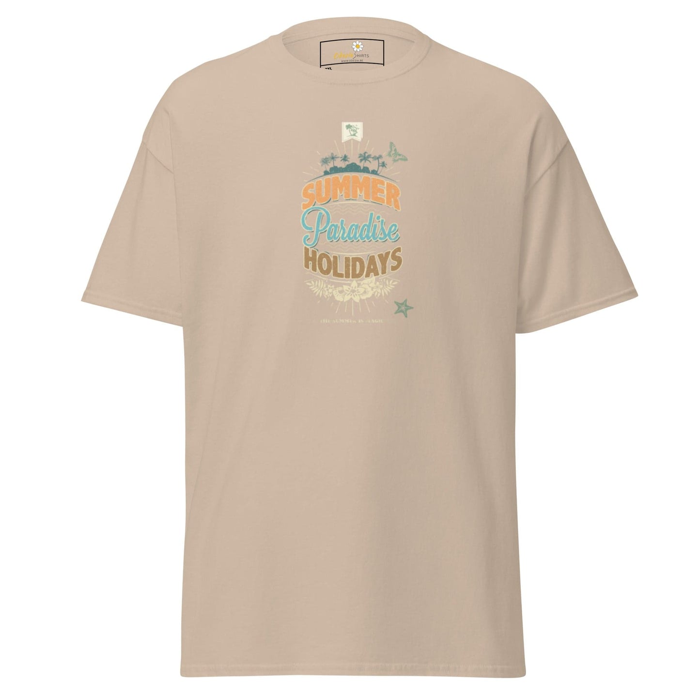 Beige t-shirt with ’Summer Paradise Holidays’ graphic.