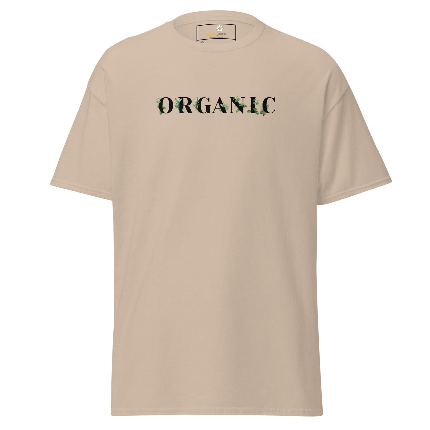 Beige T-shirt featuring ORGANIC text, designed for Men and Women in sizes 2XL to 5XL