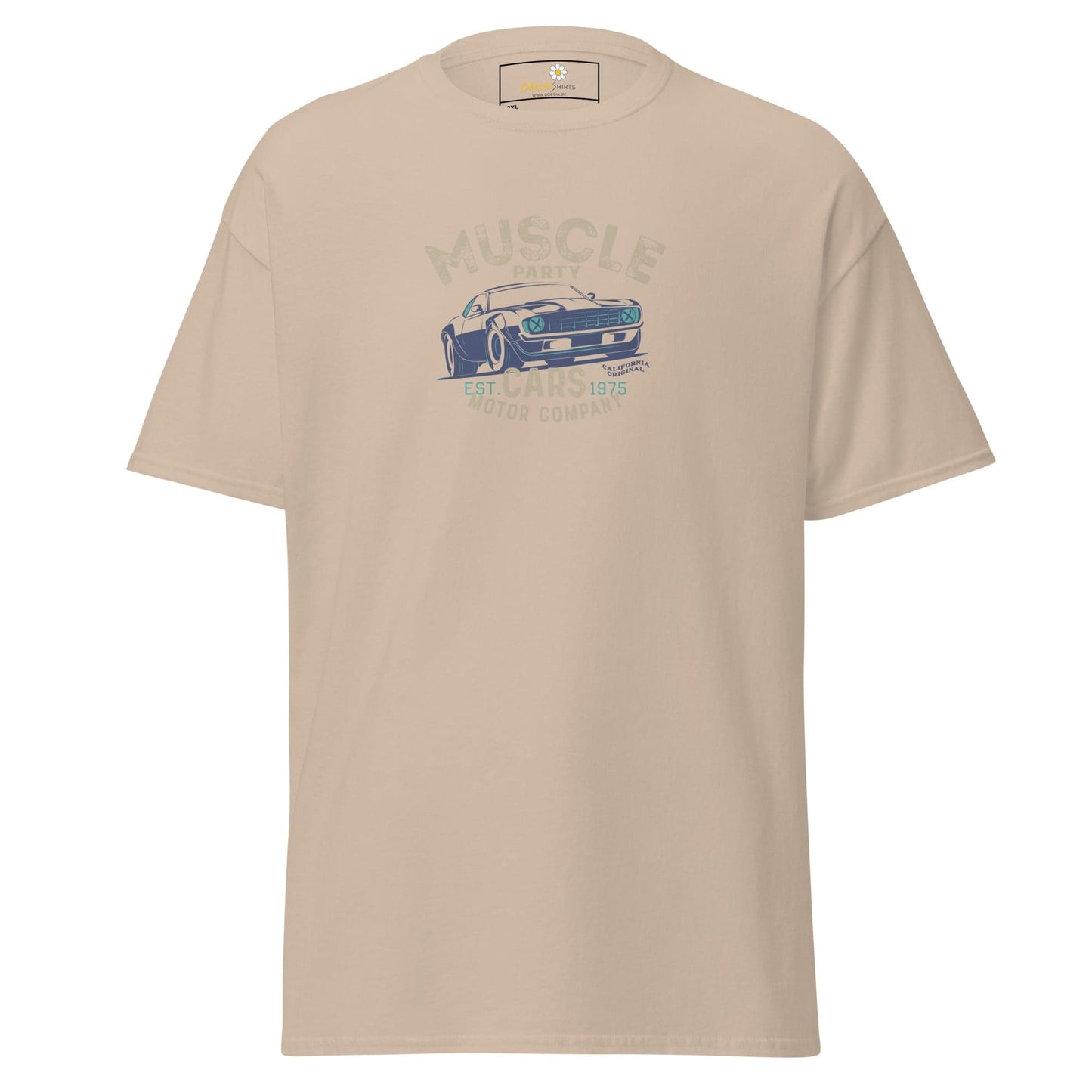 Beige t-shirt with car graphic.